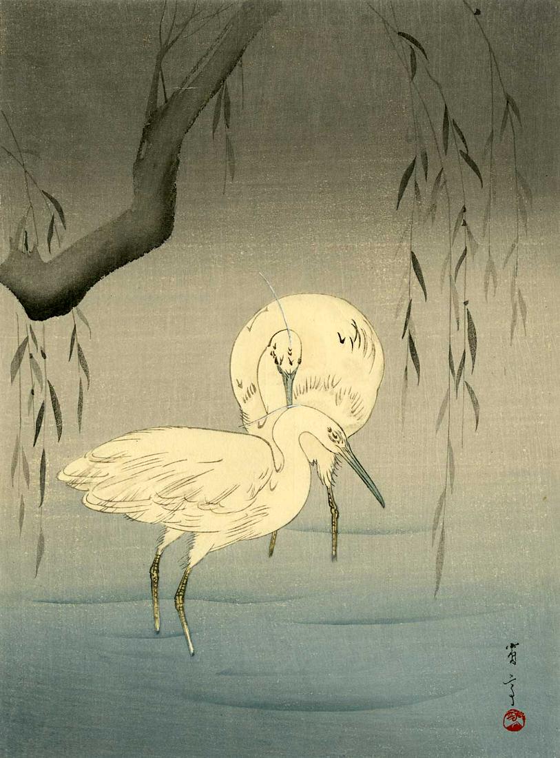 Watanabe Seitei: Herons Beneath a Willow 1930 Woodblock: Japanese Woodblock Print, 1920s, published by The Shima Art Company SIZE IN INCHES: chuban, 7.5 x 10 inches PROVENANCE: From the Robert O. Muller estate. SEITEI WATANABE (1851-1918) was born Yoshikawa