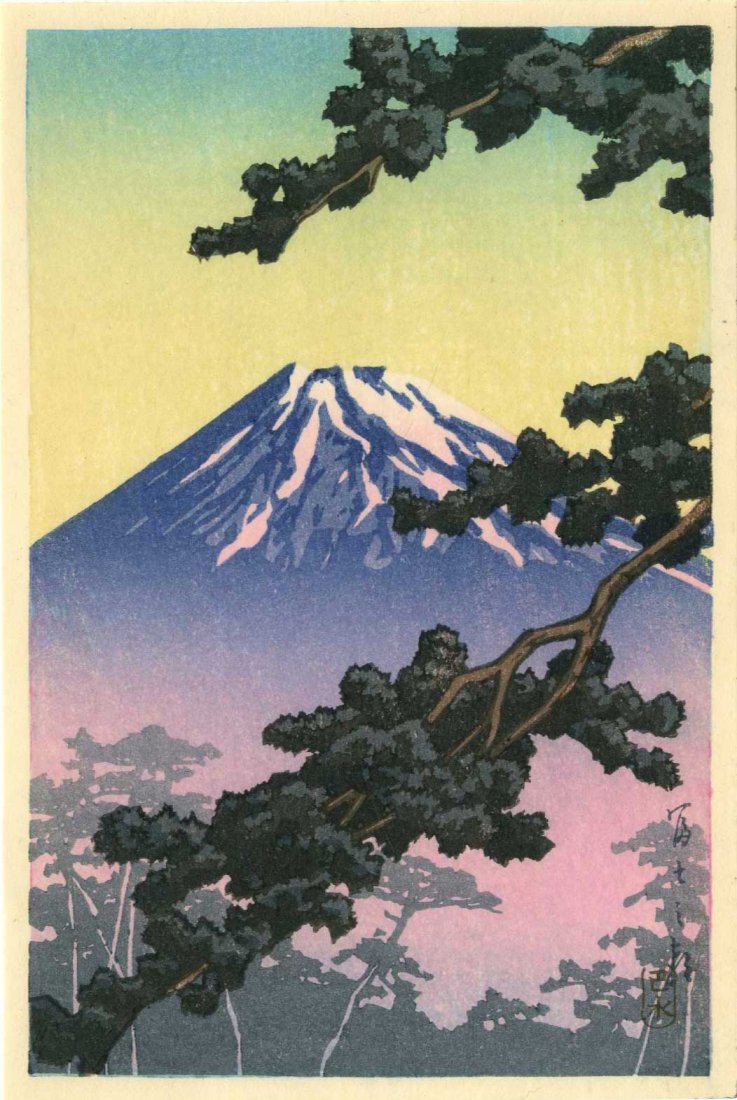 Hasui Kawase: Sacred Mt. Fuji 1936 Woodblock: Japanese Woodblock Print, 1936, from the series "Shinto and It's Architecture" published by Shozaburo Watanabe SIZE IN INCHES: koban, 5 x 7.25 inches KAWASE HASUI (1883-1957) was a Japanese woodblock 