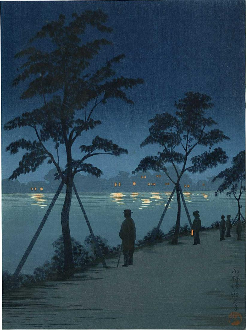 Kiyochika Kobayashi: Night Scene at Sumida River 1930s: Japanese Woodblock Print, Fireflies at Kinu River at Tennoji, 1930 published by the Shima Art Co. SIZE IN INCHES: chuban, 7.5 x 10.25 inches PROVENANCE: From the Robert O. Muller estate. KOBAYASHI KIY