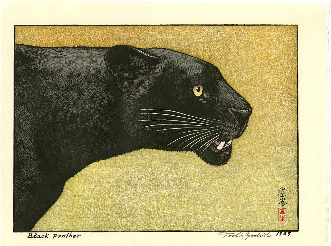 Toshi Yoshida: Black Panther 1987 Woodblock: Japanese Woodblock Print, 1987, later edition with embossed signature, published by the Yoshida Studio SIZE IN INCHES: chuban, 12 x 9 inches TOSHI YOSHIDA was the eldest son of Hiroshi Yoshida (1876-1