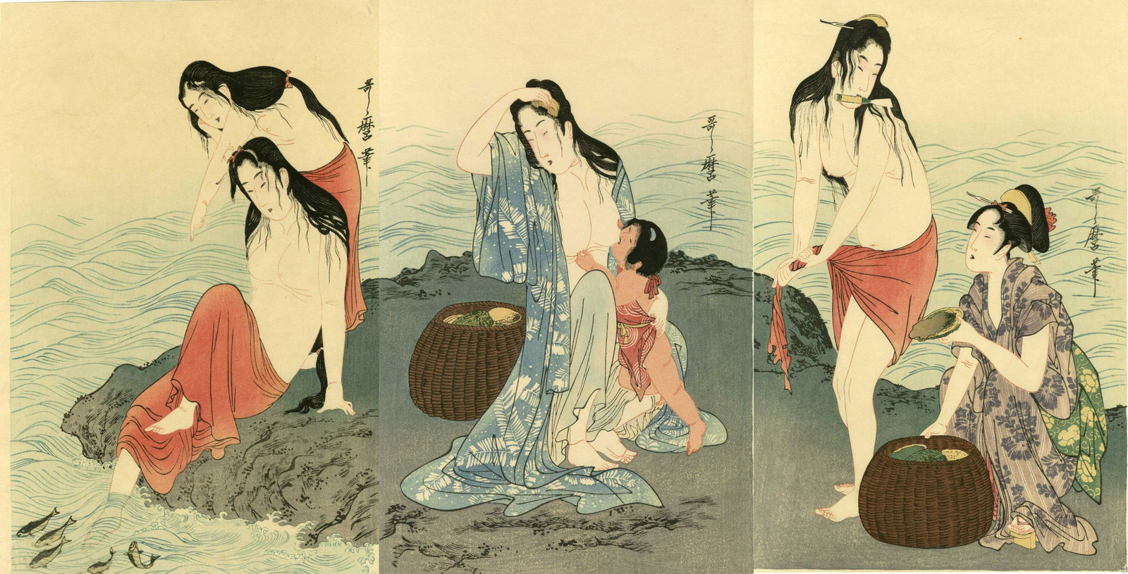 Utamaro Kitagawa: Abalone Divers Woodblock Triptych: Japanese Woodblock Print, 1797, full title is Awabitori Abalone Divers, from the series "Women's Handiworks," this is a Showa era edition printed from recarved woodblocks SIZE IN INCHES: oban triptych