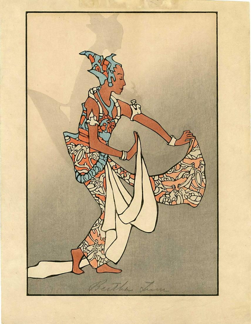 Bertha Lum: Javanese Dancer 1920 Woodblock: Japanese Woodblock Print, c.1920, self published by Bertha Lum SIZE IN INCHES: aiban, 9.5 x 12 inches BERTHA BOYNTON LUM (1869-1954), was an American artist active from the early 1900s through 1930s, 