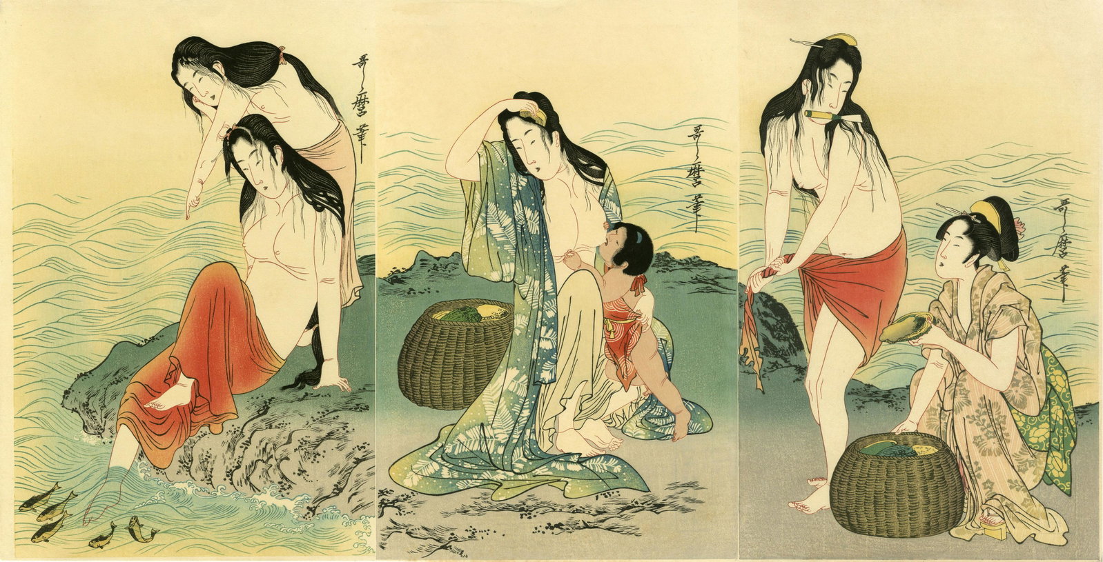 Utamaro Kitagawa - Abalone Divers Woodblock Triptych: Japanese Woodblock Print, 1797, unknown Showa-era publisher. Title is "Awabitori Abalone Divers" (Series "Women's Handiworks"), this a Showa-era edition (c1950/60s) printed from recarved woodblocks. S