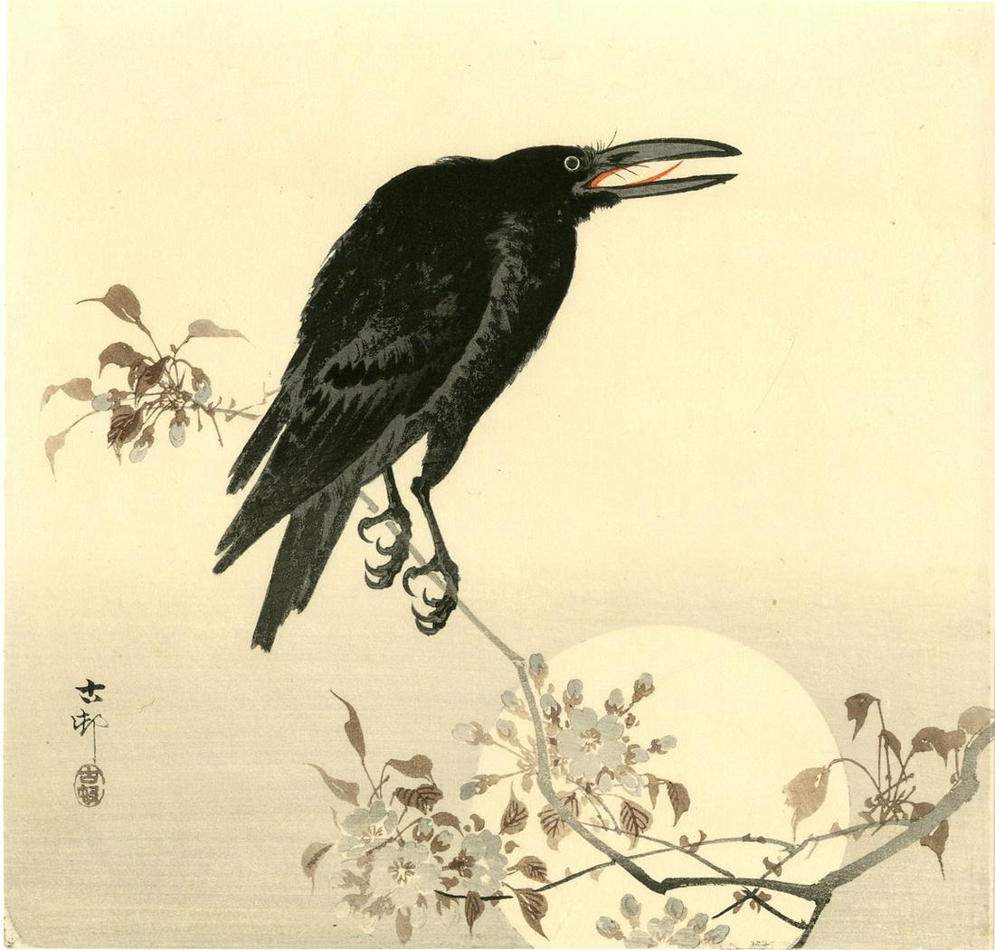 Ohara Koson - Crow on Flowering Branch before Full Moon: Japanese Woodblock Print, c1920, Daikoku-ya Publisher (Tokyo publisher, 1818-1923). SIZE IN INCHES: 9 3/4 x 9 1/4 (plus margins) COMMENTS: Superbly executed "bokashi" shading; light "gauffrage" (embos