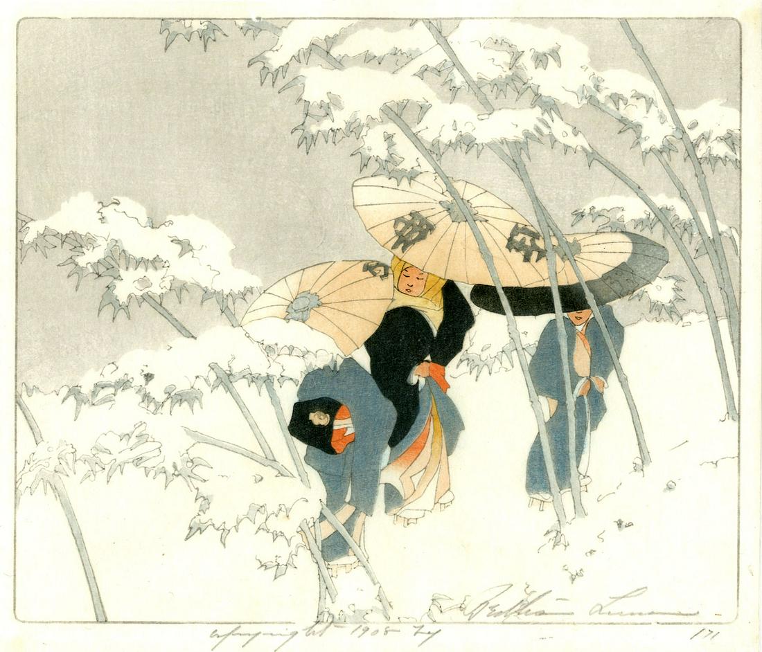 Bertha Lum: Bamboo Road 1908 1st Edition Woodblock: Japanese Woodblock Print, dated 1908 (4 years earlier than the copies in the catalogue raisonne), pencil signed and dated, numbered 171. SIZE IN INCHES: shikishi, 10.5 x 9 inches COMMENTS: Lightly bac
