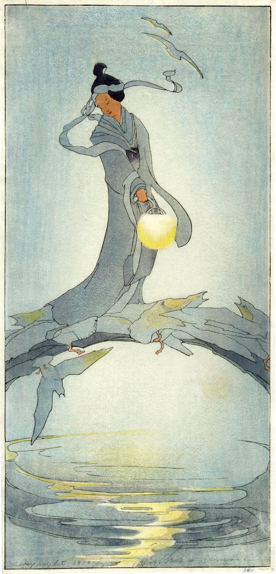 Bertha Lum: Tanabata 1912 Woodblock: Japanese Woodblock Print, 1912 edition, pencil signed, dated and numbered 141 SIZE IN INCHES: ohosoban, 7.25 x 15.25 inches BERTHA LUM (1869-1954), printmaker and illustrator, was born in Tipton, Iowa