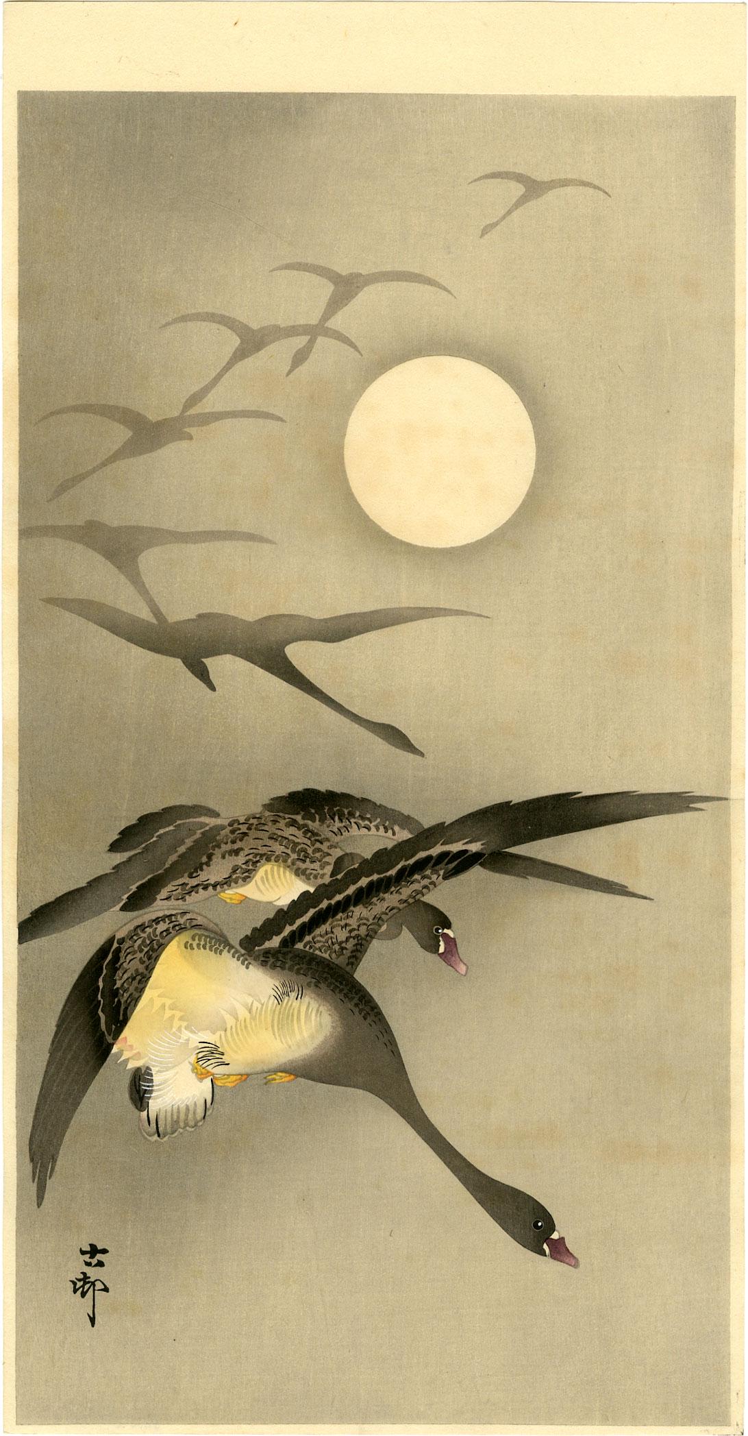 Koson Ohara: Geese and Full Moon 1920s Woodblock: Japanese Woodblock Print, 1920s, published by Daikokuya SIZE IN INCHES: ohosoban, 7.5 x 14.5 inches PROVENANCE: From the Robert O. Muller estate OHARA KOSON (1877-1945), who also went by the art names