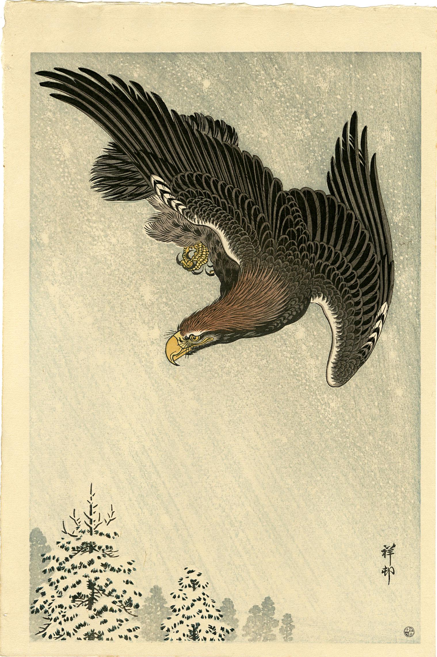 Ohara Koson: Eagle Flying in Snow 1930s Woodblock: Japanese woodblock print, 1930s, early edition with publisher's 6mm seal (used 1946-1957), published by Shozaburo Watanabe, signed and sealed Koson SIZE IN INCHES: oban, 10.5 x 15.75 inches PROVENANCE
