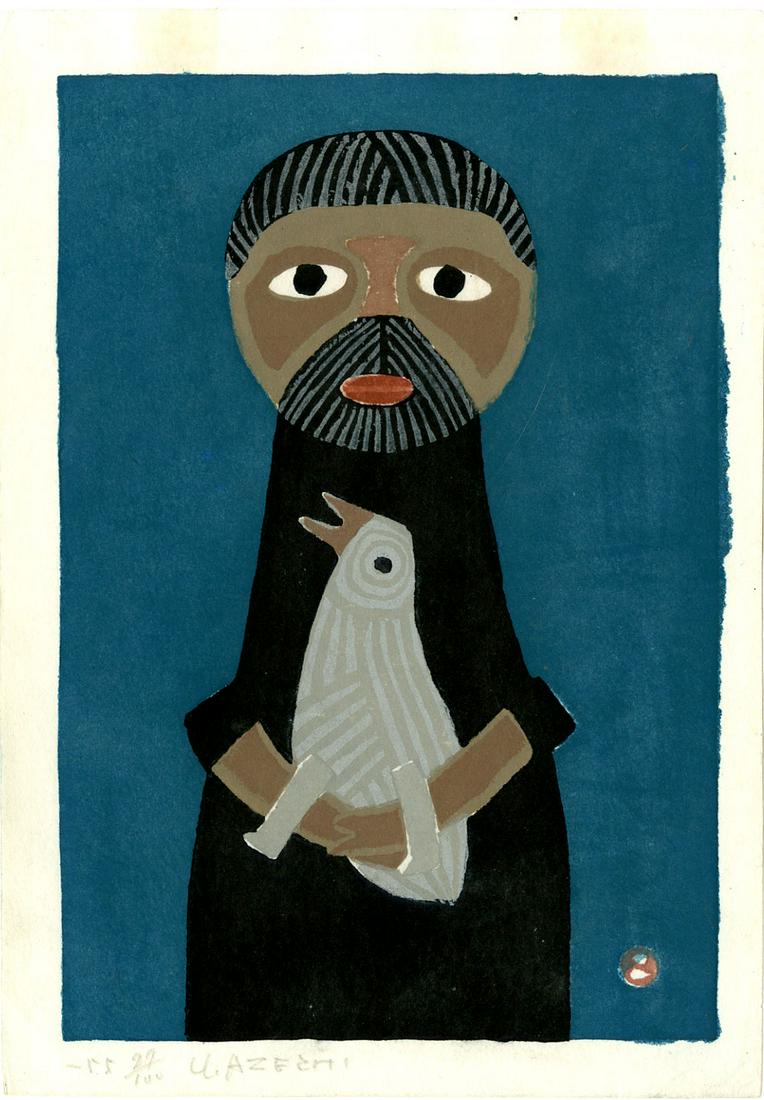 Umetaro Azechi: Man with Bird 1955 1st Ed. Woodblock: Japanese Woodblock Print, 1955, self published by Azechi, pencil signed, dated and numbered 99/100 in bottom margin SIZE IN INCHES: chuban, 7 x 9.75 inches AZECHI UMETARO (1902-1999) was a Japanese pr