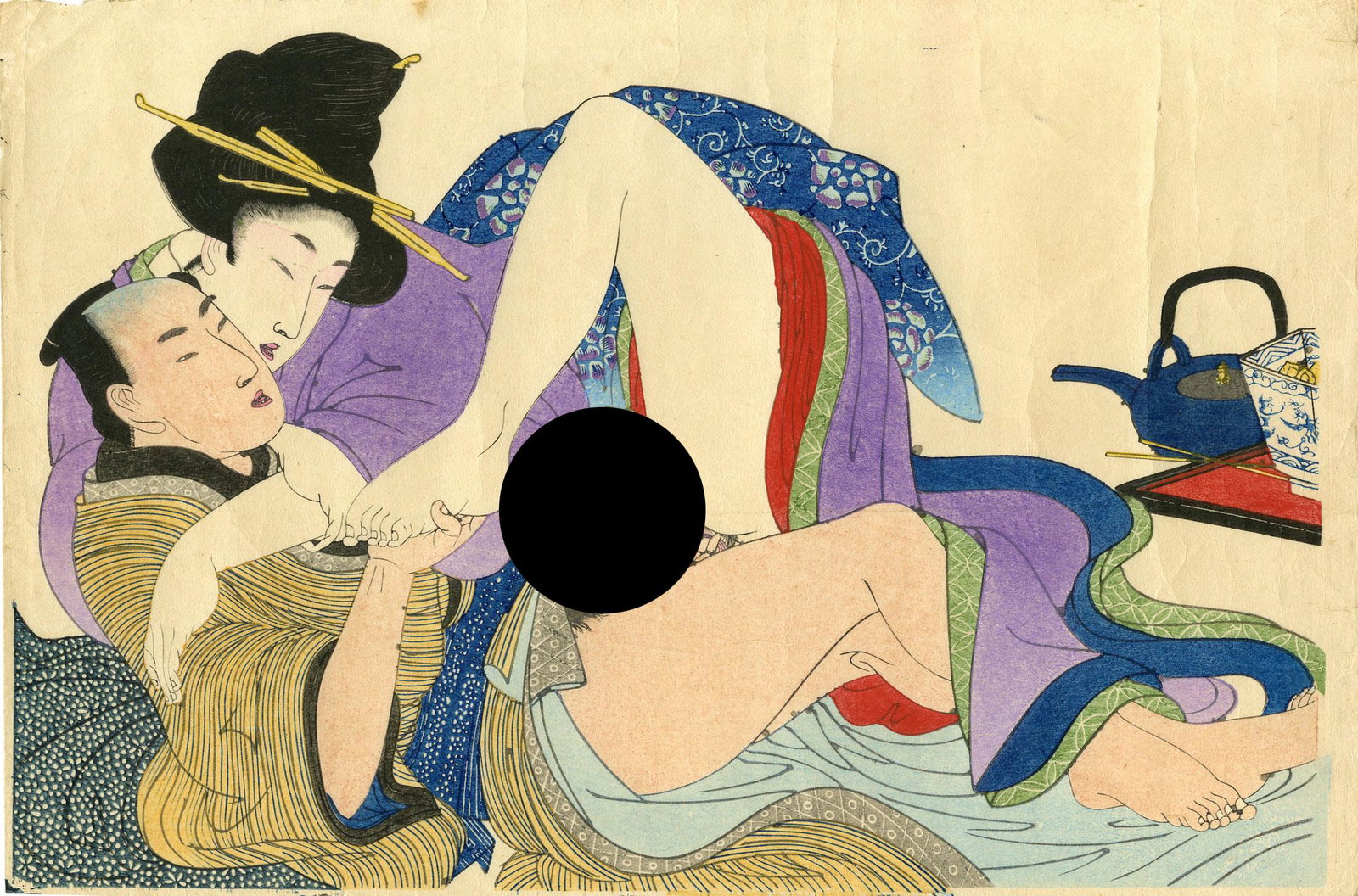 Utamaro (after): Tea Time Shunga Erotic Woodblock: Japanese Woodblock Print, c1920s, authentic hand-carved and printed woodblock print, publisher unknown SIZE IN INCHES: oban, 15 x 10 inches