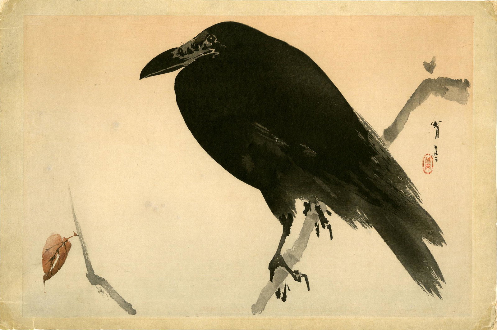 Watanabe Seitei: Jungle Crow at Sunset 1916 Woodblock: Japanese Woodblock Print, 1916, signed and sealed Watanabe Seitei SIZE IN INCHES: oban, 15 x 10 inches COMMENTS: This print is backed and has been professionally restored. SEITEI WATANABE (1851-1918) 