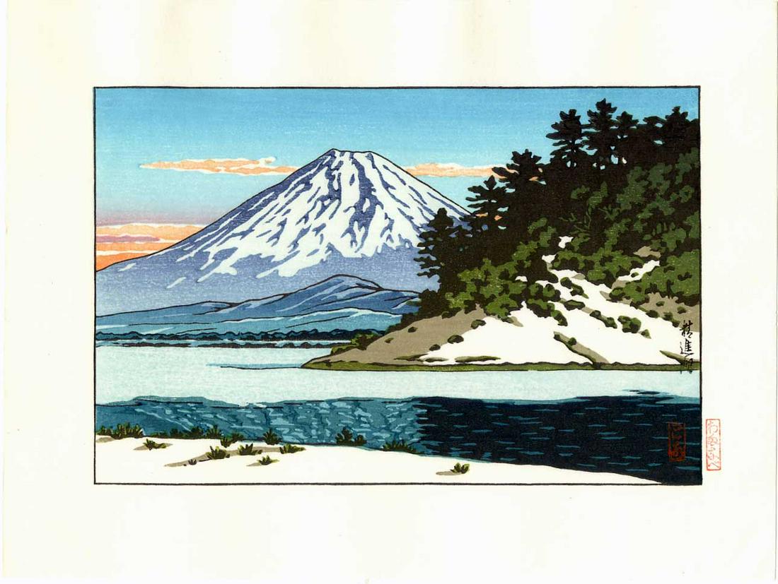 Hasui Kawase: Mt. Fuji and Lake Shoji Woodblock: Japanese Woodblock Print, undated, from the original blocks, published by Watanabe SIZE IN INCHES: 9 x 6.75 inches KAWASE HASUI (1883-1957) was a Japanese woodblock print maker in the early 20th centu