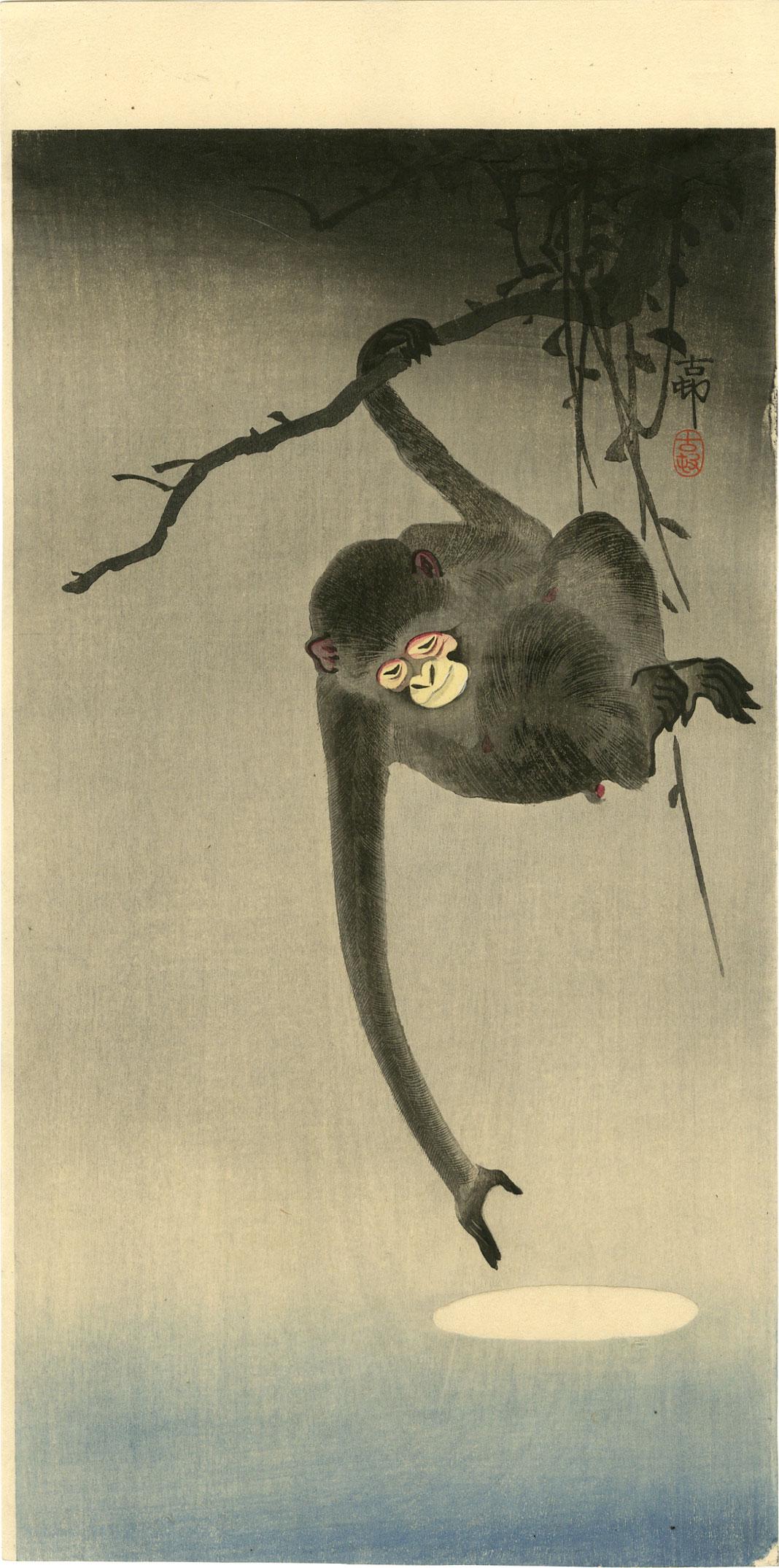 Koson Ohara - Monkey Reaching for Moon woodblock MULLER: Japanese Woodblock Print, c1920, Daikokuya Publisher. SIZE IN INCHES: 7 1/2 x 14 7/8. COMMENTS: Superbly executed "bokashi" shading; nicely visible "woodgrain" to background; "gauffrage" (embossing) t