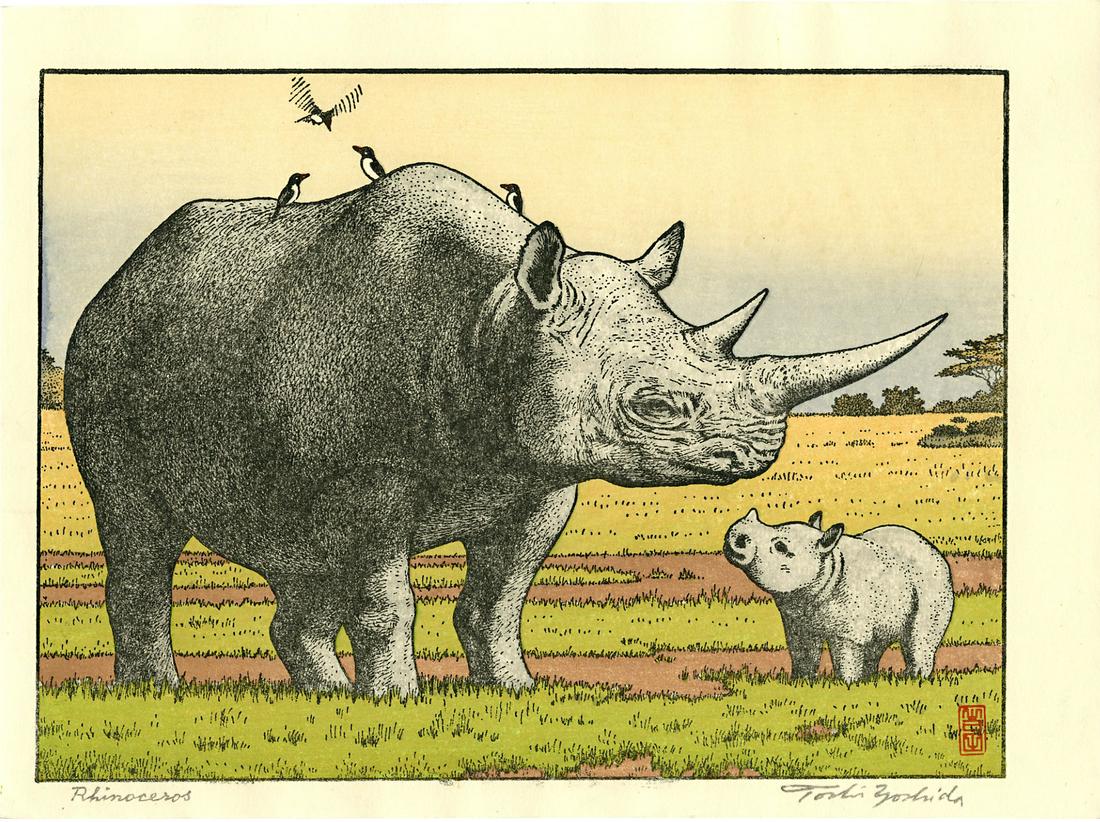 Yoshida Toshi: Rhinoceros and Calf 1987 Woodblock: Japanese Woodblock Print, 1987, later edition with embossed signature printed from the original woodblocks, self published by Toshi Yoshida SIZE IN INCHES: chuban, 11.75 x 8.5 inches TOSHI YOSHIDA was