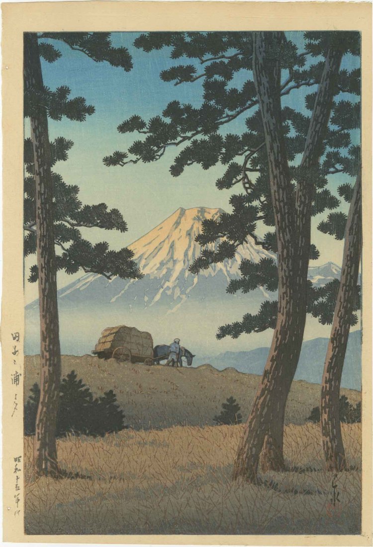 Hasui Kawase - Evening at Taganoura 1940 6-mm woodblock: Japanese Woodblock Print, 1940, Watanabe Publisher, "6-mm seal" (1946-57 printing) SIZE IN INCHES: 9 5/8 x 14 1/4 (plus margins) COMMENTS: Skillful "bokashi" shading, light "gauffrage" (embossing) to 