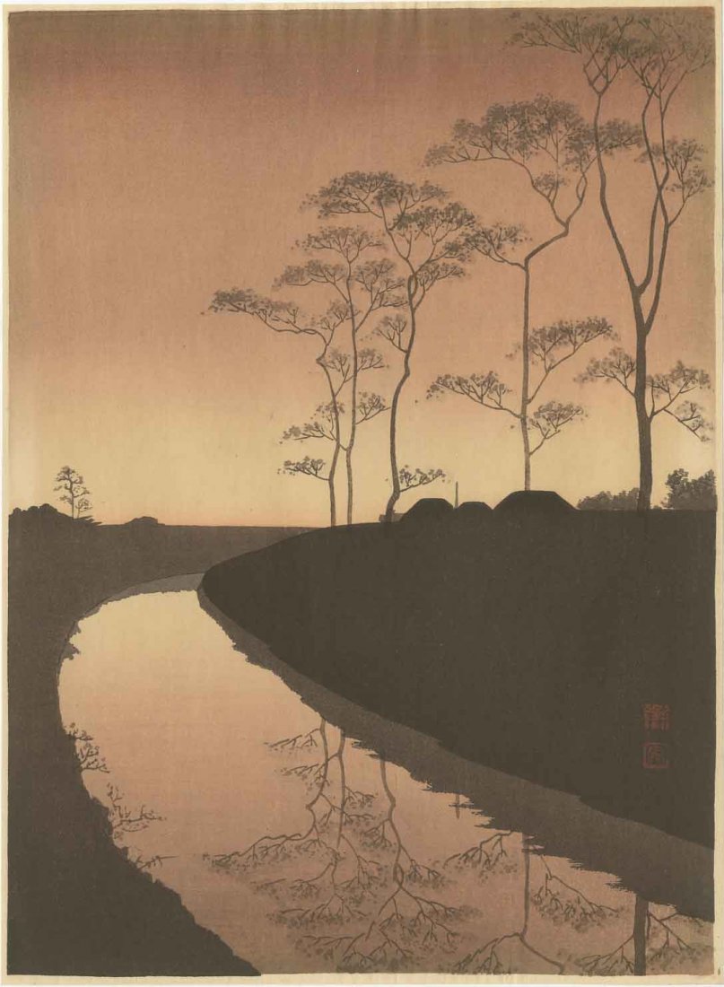 Koho Shoda - Moonlit Canal c1920/30: Japanese Woodblock Print, c1920-30's, Hasegawa/Nishinomiya Publisher, "Night Scenes" series (21 designs) SIZE IN INCHES: 7 1/4 x 10 (plus margins) COMMENTS: Vintage "Night Scenes" series. Skillful "bo