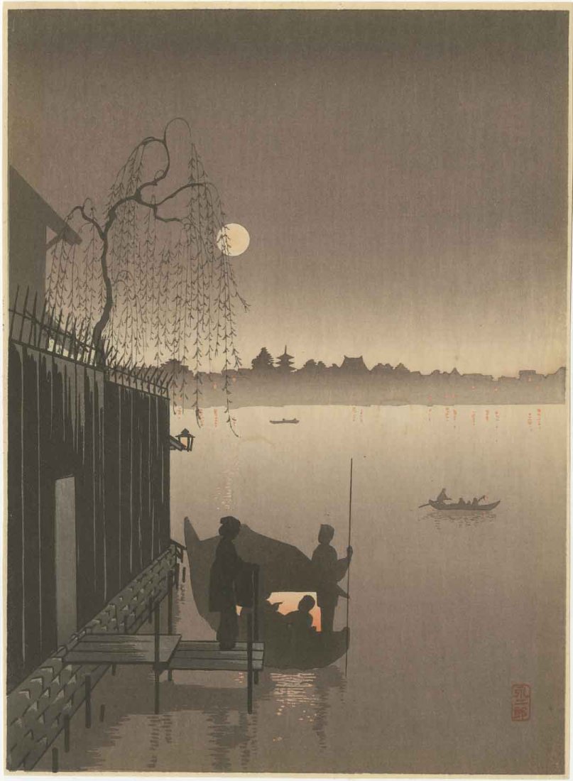 Koho Shoda - Evening Cool c1920/30: Japanese Woodblock Print, c1920-30's, Hasegawa/Nishinomiya Publisher, "Night Scenes" series (21 designs) SIZE IN INCHES: 7 1/4 x 9 7/8 (plus margins) COMMENTS: Vintage "Night Scenes" series. Skillful 