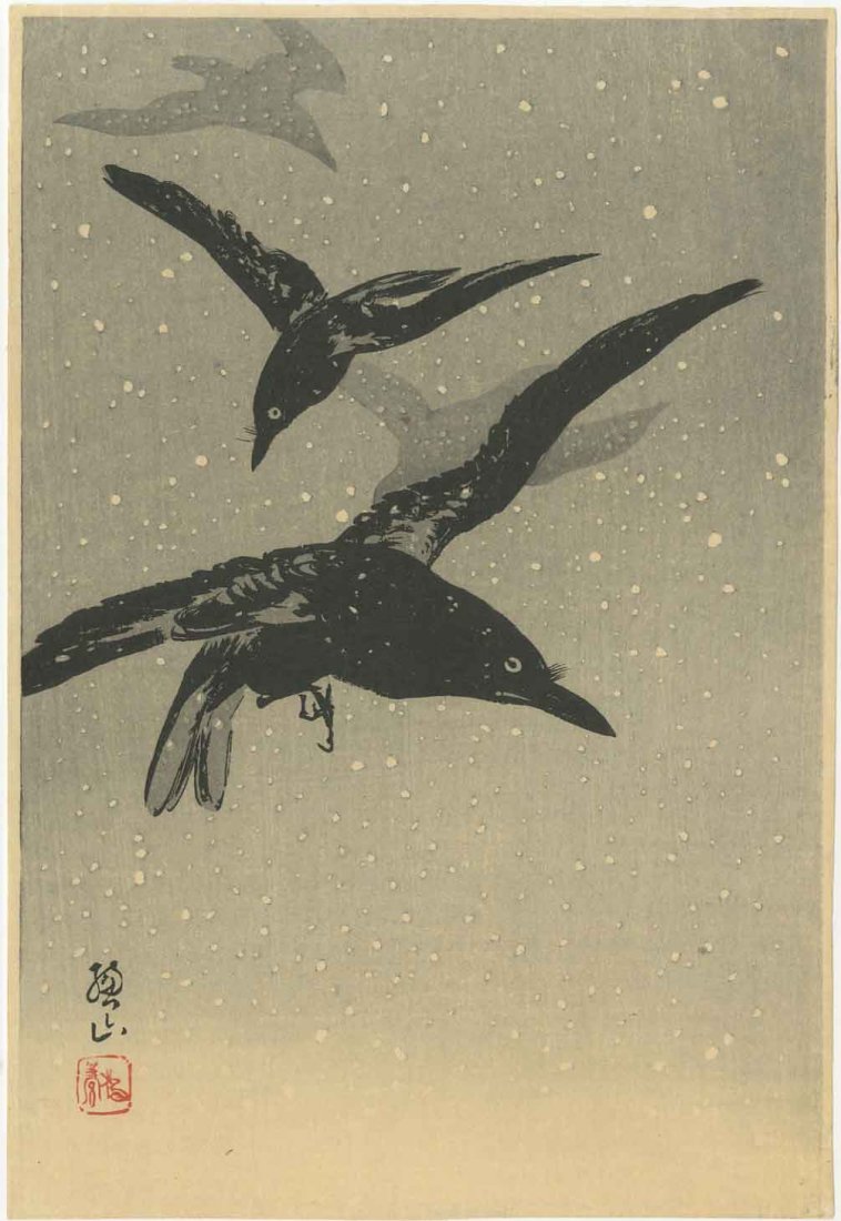 Ito Sozan - Crows Flying in Snow 1920: Japanese Woodblock Print, early-1920s, Watanabe Publisher, Robert O. Muller Estate. SIZE IN INCHES: 6 1/2 x 9 7/8 (plus margins) COMMENTS: Skillfully executed "bokashi" shading, visible "woodgrain" to