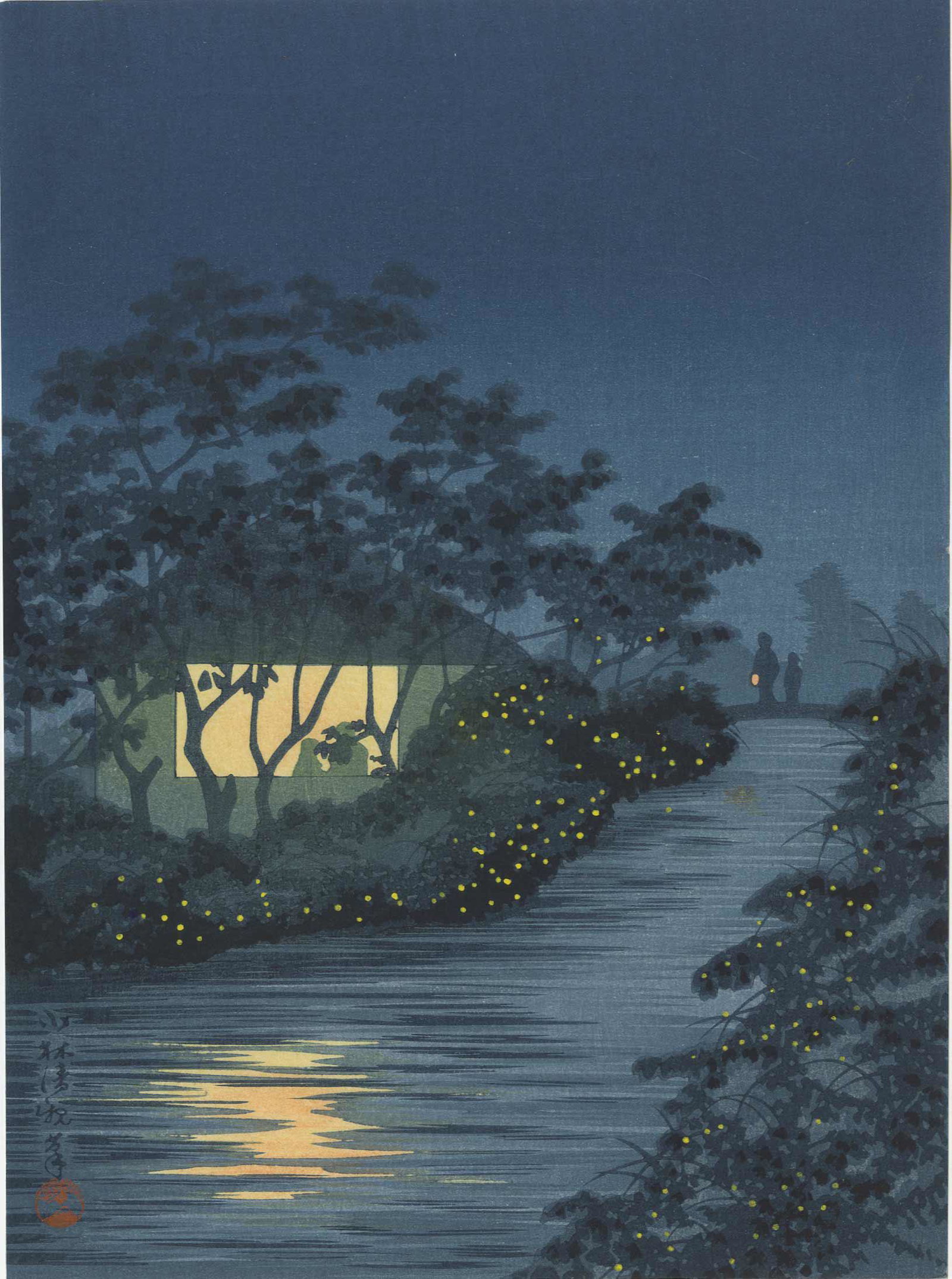 Kiyochika Kobayashi: River of Fireflies 1930s Woodblock: Japanese Woodblock Print, Fireflies at Kinu River at Tennoji, 1930 published by the Shima Art Co. SIZE IN INCHES: chuban, 7.5 x 10.25 inches PROVENANCE: From the Robert O. Muller estate. KOBAYASHI KIY