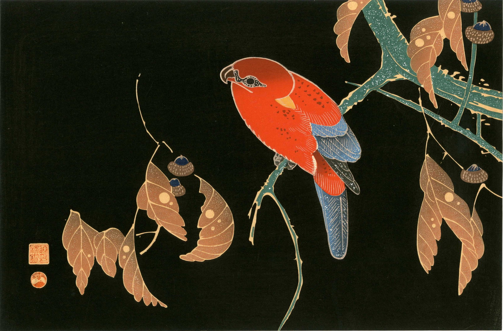 Jakuchu Ito: Parrot on Acorn Tree 1930s Woodblock: Japanese Woodblock Print, 1930s published by the Shima Art Company SIZE IN INCHES: 15 x 10 inches PROVENANCE: From the Robert O. Muller estate. ITO JAKUCHU, also called Jokin, (1716-1800), Japanese pa