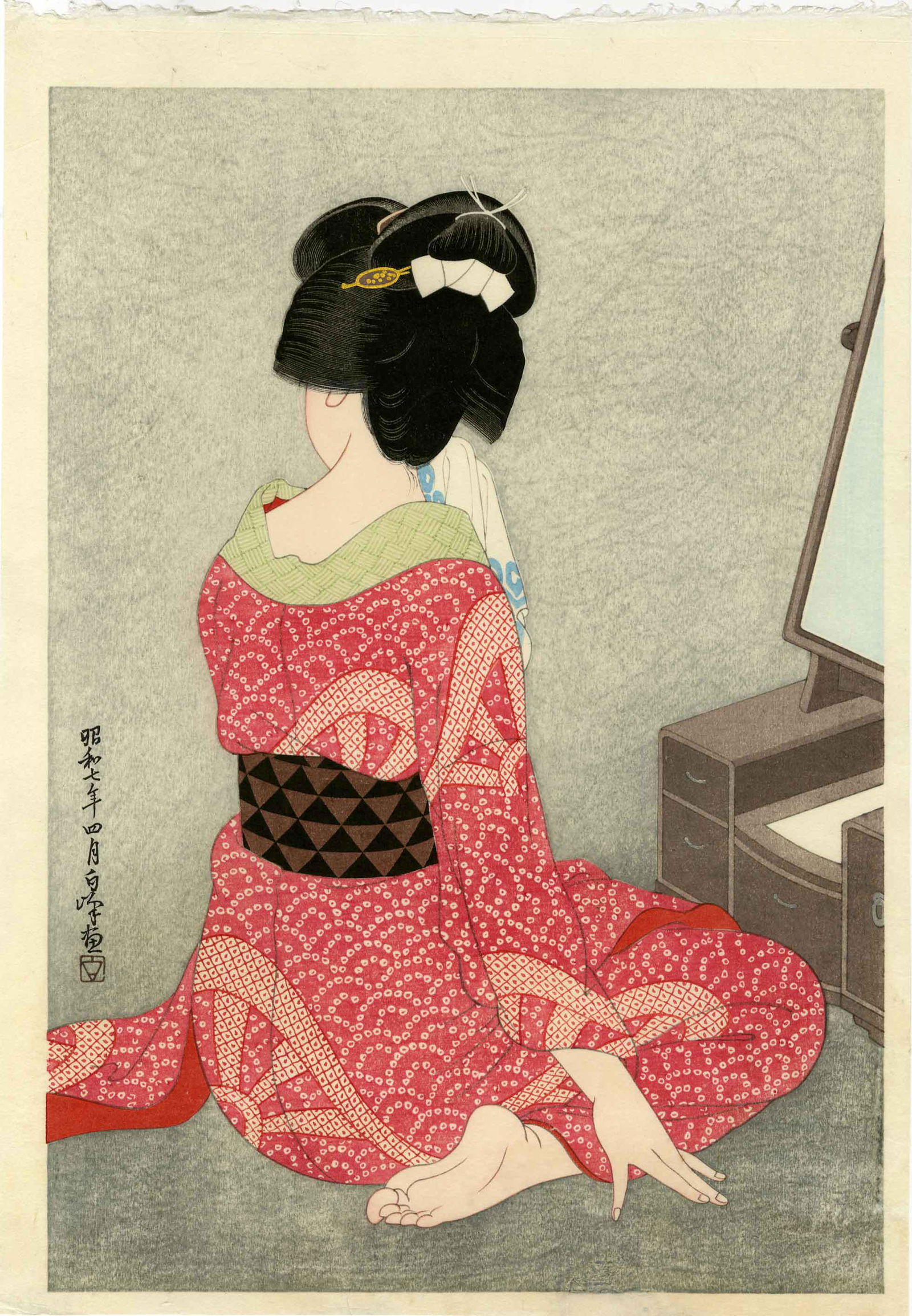 Hirano Hakuho: Before the Mirror 1932 Woodblock: Japanese Woodblock Print, 1932 published by Shozaburo Watanabe SIZE IN INCHES: oban, 11 x 15.5 inches COMMENTS: A young beauty is making up before a mirror. She is dressed in a beautiful robe made wit