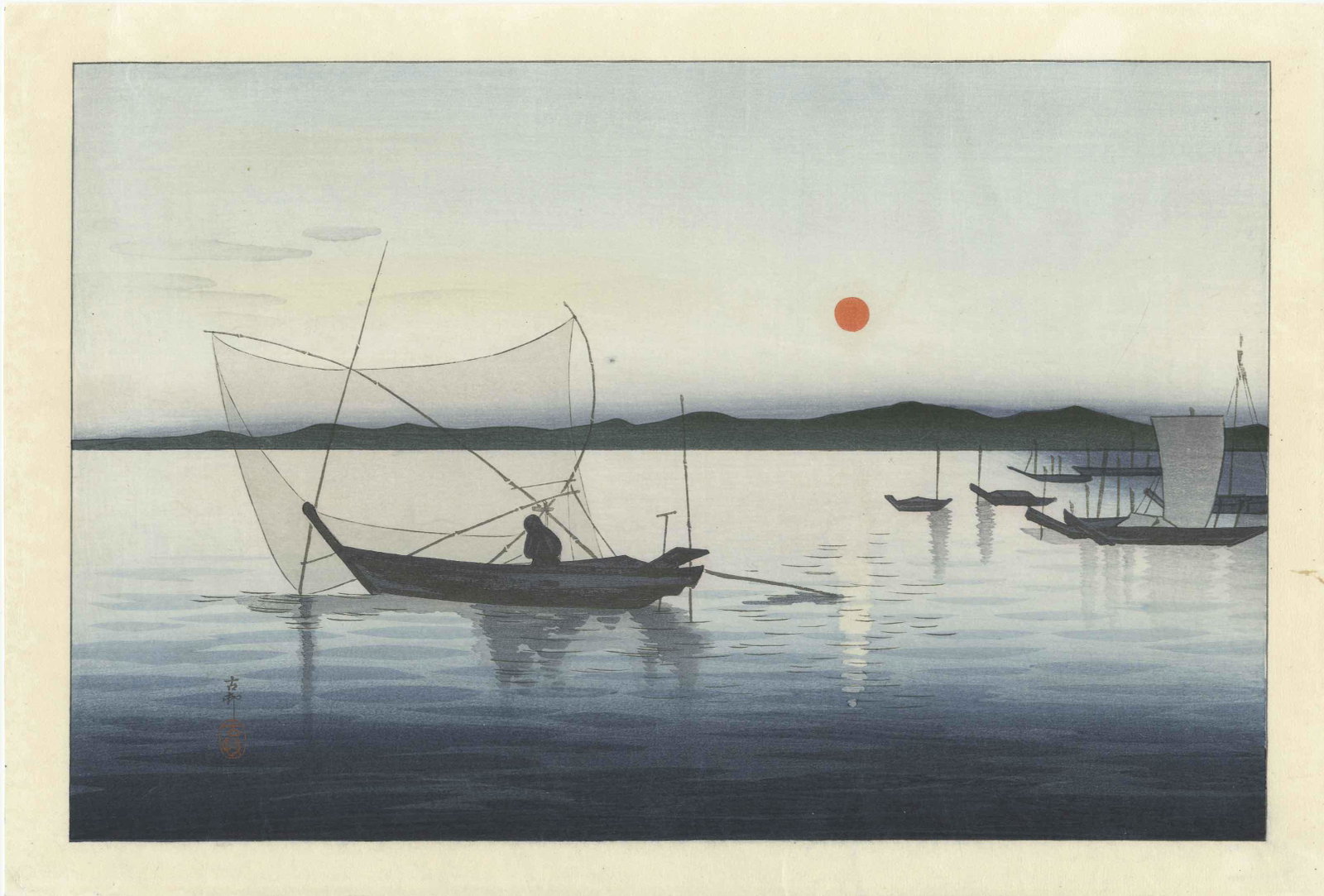 Koson Ohara: Fishing Boats at Sunset 1910 Woodblock: Japanese Woodblock Print, 1910s, publisher unknown, signed and sealed Koson SIZE IN INCHES: oban, 14.75 x 10 inches COMMENTS: Rarely seen Koson seascape in very good condition showing fishing boats at