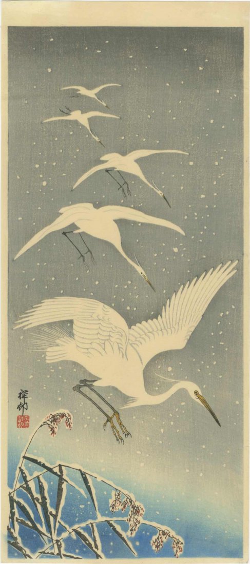 Koson Ohara - White Egrets in Snow c1920 Pre-EQ RARE: Japanese Woodblock Print, c1920, Watanabe Shozaburo Publisher; S14.8. SIZE IN INCHES: 6 1/2 x 13 3/4 (plus margins) Superbly executed "bokashi" shading; light "gauffrage" (embossing) to feathers and s