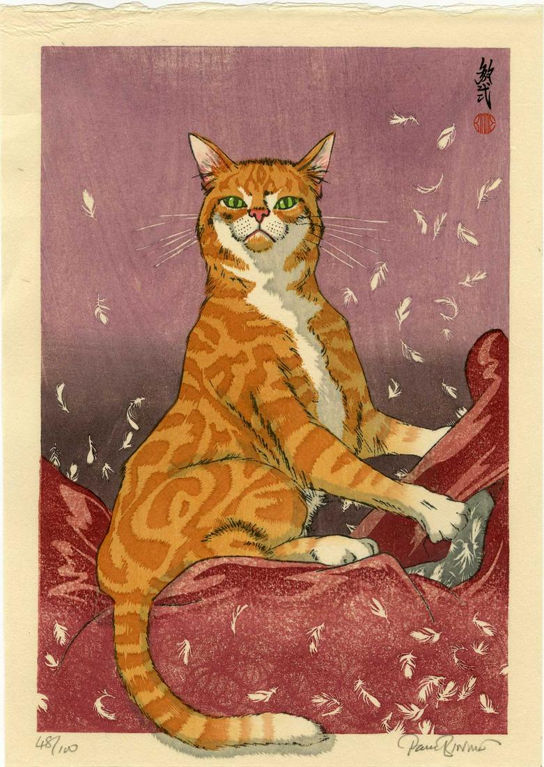 Paul Binnie: Cat Feathers (Red) 1st Ed Woodblock: Japanese Woodblock Print, 2018, numbered 48/100, published and signed by Paul Binnie SIZE IN INCHES: 9.25 x 13.25 inches PAUL BINNIE (born 27 May 1967) is a Scottish artist working in the Japanese tra