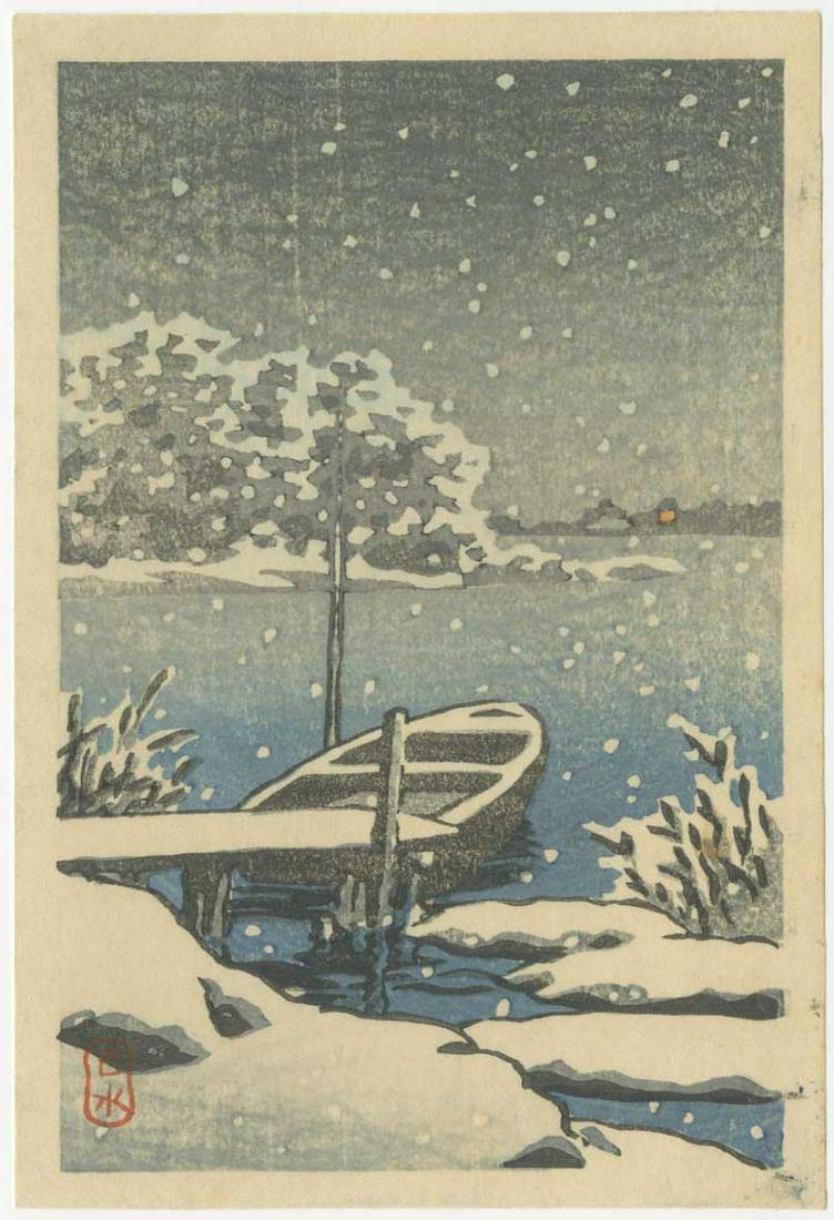 Hasui Kawase - Moored Boat in SWnow c1930 Postcard: Japanese Woodblock print. c1930, Watanabe Publisher, vintage printing. SIZE IN INCHES: 6 x 4 PROVENANCE: The William Schwed Family Estate - Lifetime Private Collection. COMMENTS: A hard-to-find vintag