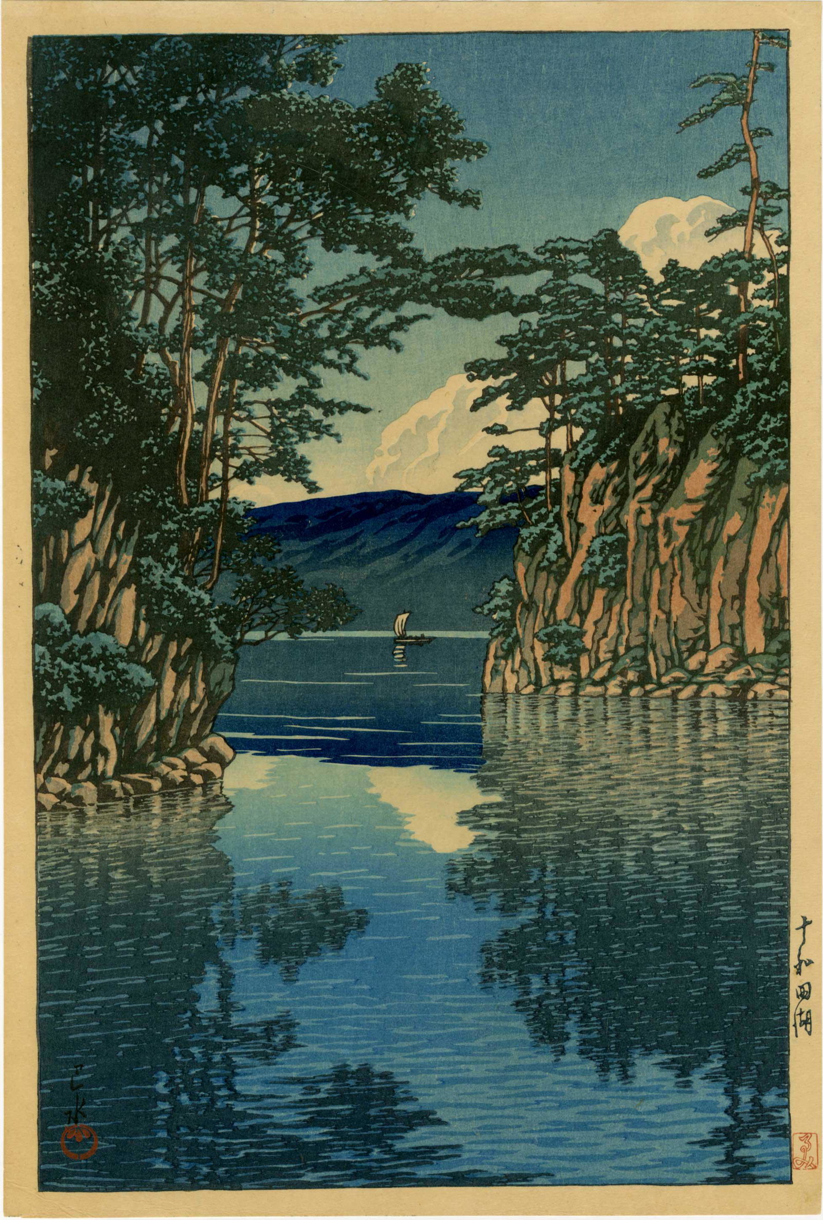 Hasui Kawase - Lake Towada 1927 Woodblock RARE: Japanese Woodblock Print, 1927, Bijitsusha Publisher (Tokyo, 1927-31), original print. SIZE IN INCHES: 10 x 15 PROVENANCE: The William Schwed Family Estate - Lifetime Private Collection. COMMENTS: Ski