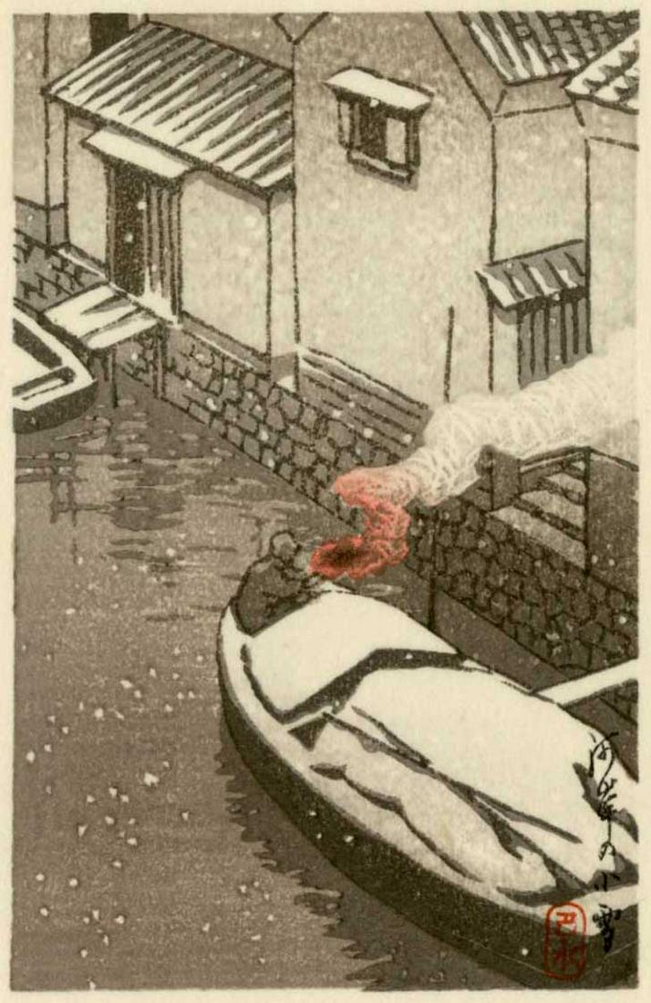 Hasui Kawase: Snow at Kashi 1930s Woodblock: Japanese Woodblock Print, c. 1930s this later printing from the original woodblocks by Watanabe Color Print Co. SIZE IN INCHES: yatsugiri-ban, 3.875 x 6 inches COMMENTS: The shin hanga publisher Watan