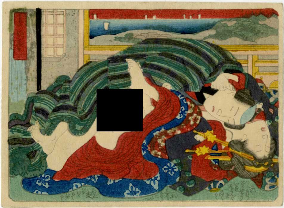 Shunga: Edo Era Erotic 1850s Woodblock: Japanese Woodblock Print, c. 1850, not signed SIZE IN INCHES: 4.75 X 3.675 inches COMMENTS: Shunga, literally "spring pictures", is an erotic artistic tradition that emerged from early modern Japan, f