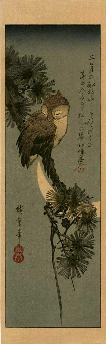 Hiroshige Ando: Little Owl Sleeping in a Pine Woodblock: Japanese Woodblock Print, Showa era edition from recarved woodblocks, published by Nishinomiya SIZE IN INCHES: tanzaku, approx. 5 x 15 inches PROVENANCE: From the Robert O. Muller estate. AN ENDEARING