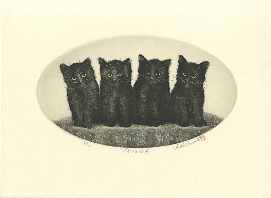 Norikane Hiroto: Four Brothers Mezzontint 1st Edition: Japanese Mezzotint Print, 1996, 1st editon, published by Norikane Hiroto. signed, dated, numbered 135/300 in pencil, and sealed below image SIZE IN INCHES: oban, 10.75 x 15.5 inches NORIKANE HIROTO (b