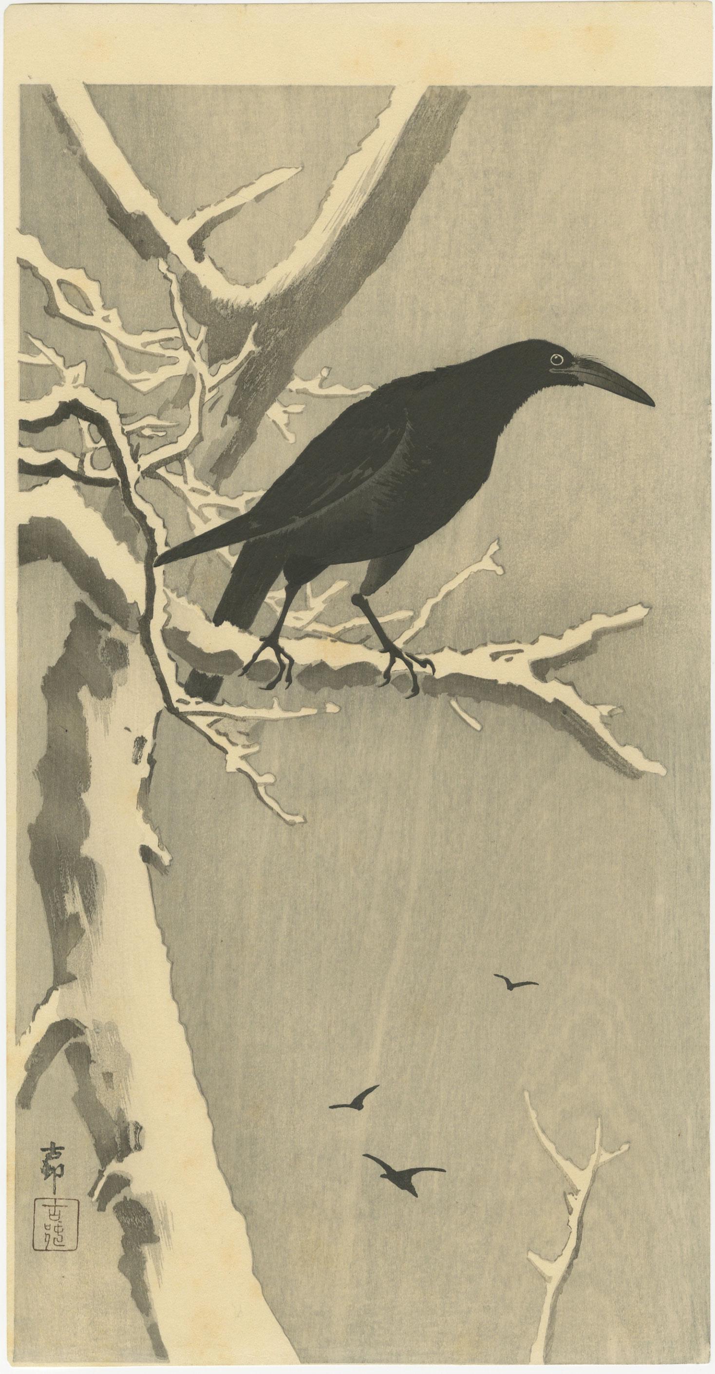 Koson Ohara - Jungle Crow in Snow c1920 woodblock RARE: Japanese Woodblock Print, c1900-20, Diakoku-ya Publisher (Tokyo 1818-1923); pre-1923 Earthquake. SIZE IN INCHES: 7.25 x 14.5 PROVENANCE: The William Schwed Family Estate - Lifetime Private Collection.