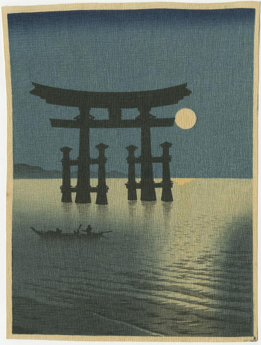 Koho Shoda - Shrine Gate at Miyajima 1920-30s Creped: Japanese Woodblock Print, ca1910-20's, Hasegawa/Nishinomiya Publisher, "Night Scenes" Series. SIZE IN INCHES: 6.5 x 8.75 PROVENANCE: The William Schwed Family Estate - Lifetime Private Collection. COM