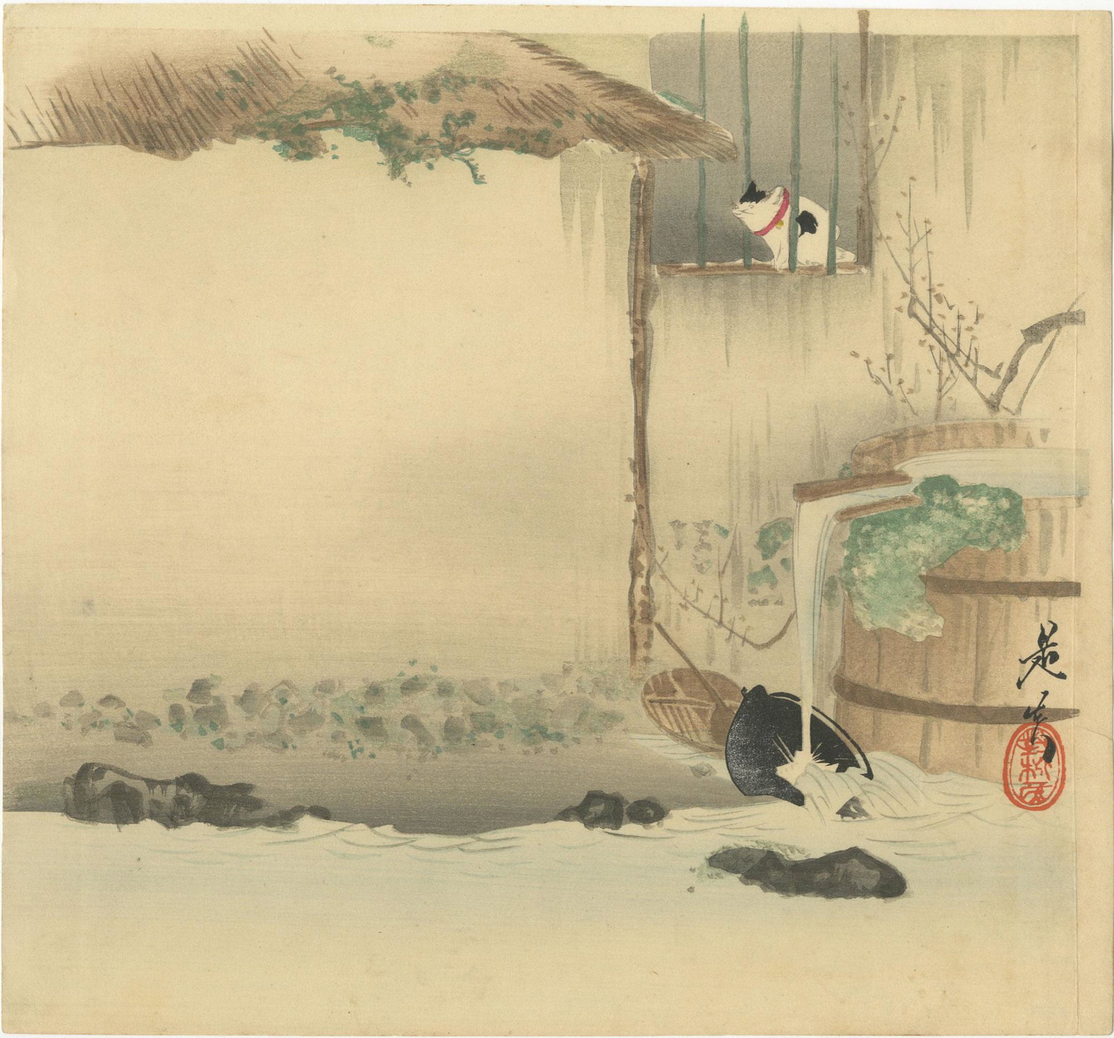 Zeshin Shibata - Cat in Window c1880 Original: Japanese woodblock print, c1880's, Publisher unknown, original print. SIZE IN INCHES: 10.25 x 9.5 (margins as published) COMMENTS: Skillfully printed "bokashi" shading, light "gauffrage" (embossing), 
