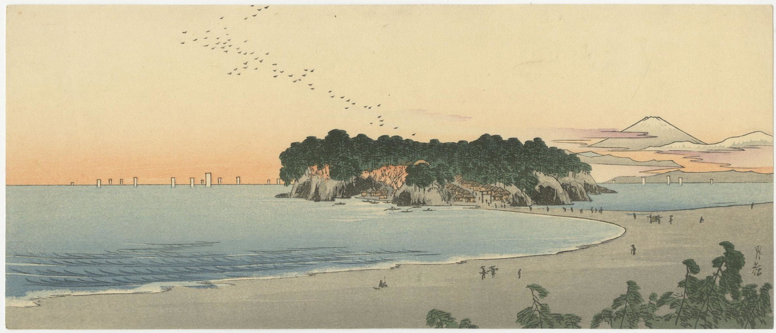 Yoshimoto Gesso - Sunset Beach, Fuji c1930s MULLER Est: Japanese Woodblock Print, c1930's, Hasegawa Publisher(?). SIZE IN INCHES: 12.25 x 5.25 PROVENANCE: The William Schwed Family Estate - Lifetime Private Collection. COMMENTS: Skillfully printed "bokashi