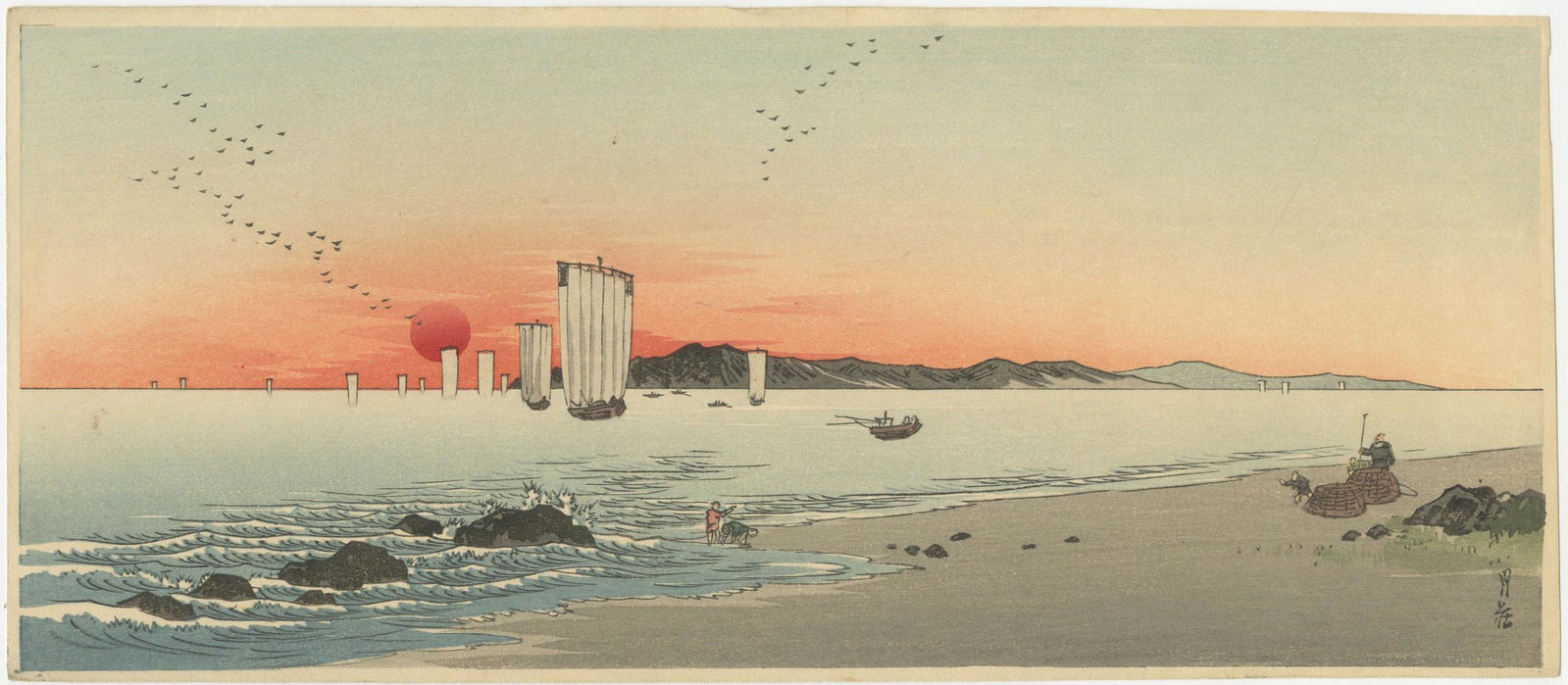 Yoshimoto Gesso - Sailing Boats, Red Sunset c1930s: Japanese Woodblock Print, c1930's, Hasegawa Publisher(?). SIZE IN INCHES: 13 x 5.5 PROVENANCE: The William Schwed Family Estate - Lifetime Private Collection. COMMENTS: Skillfully printed "bokashi" sh
