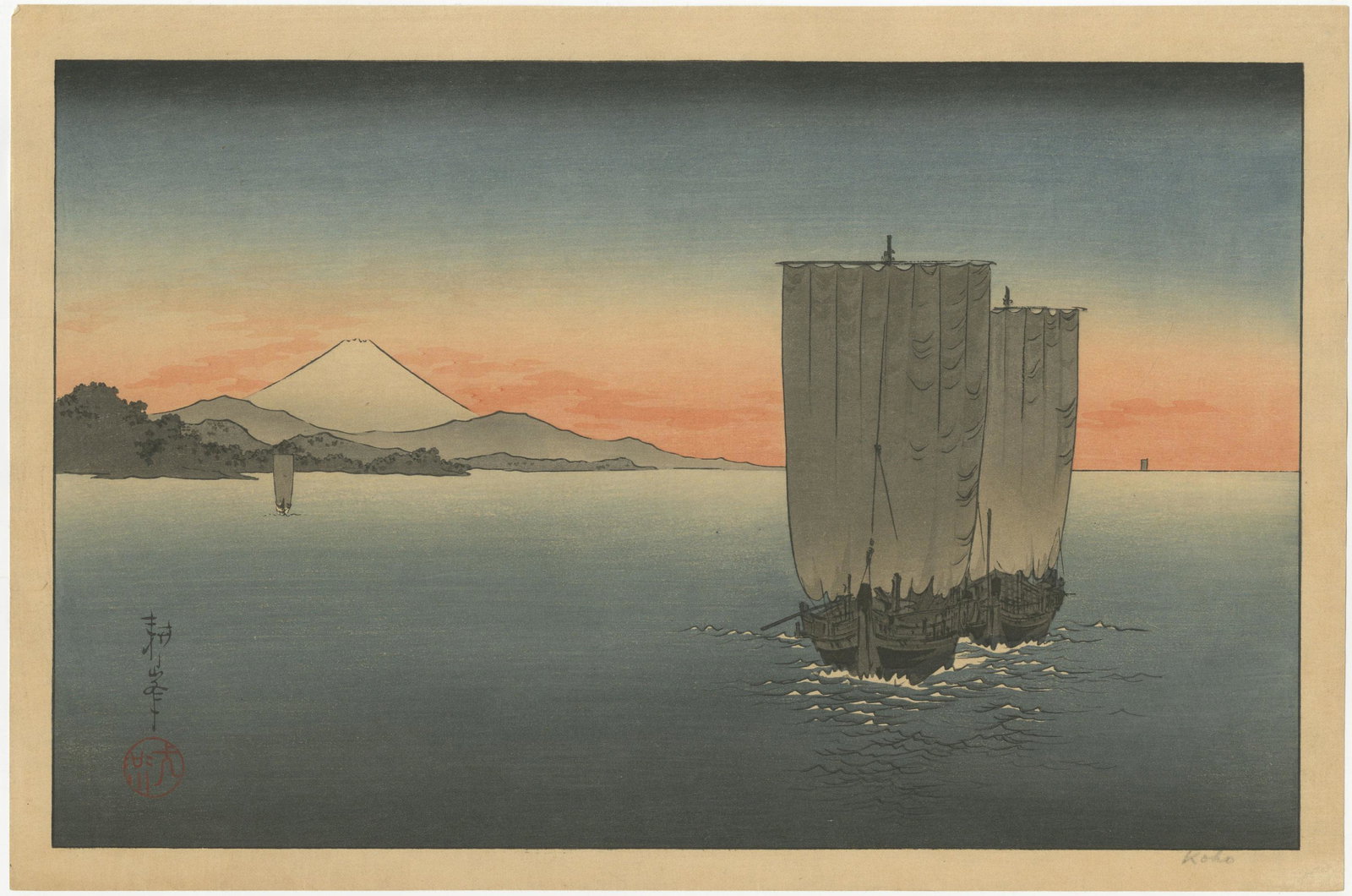 Koho Shoda - Boats and Mt Fuji c1910 woodblock RARE: Japanese Woodblock Print, c1910-20, Hasegawa Publisher. SIZE IN INCHES: 15 x 10 PROVENANCE: The William Schwed Family Estate - Lifetime Private Collection. COMMENTS: Skillfully printed "bokashi" shadi