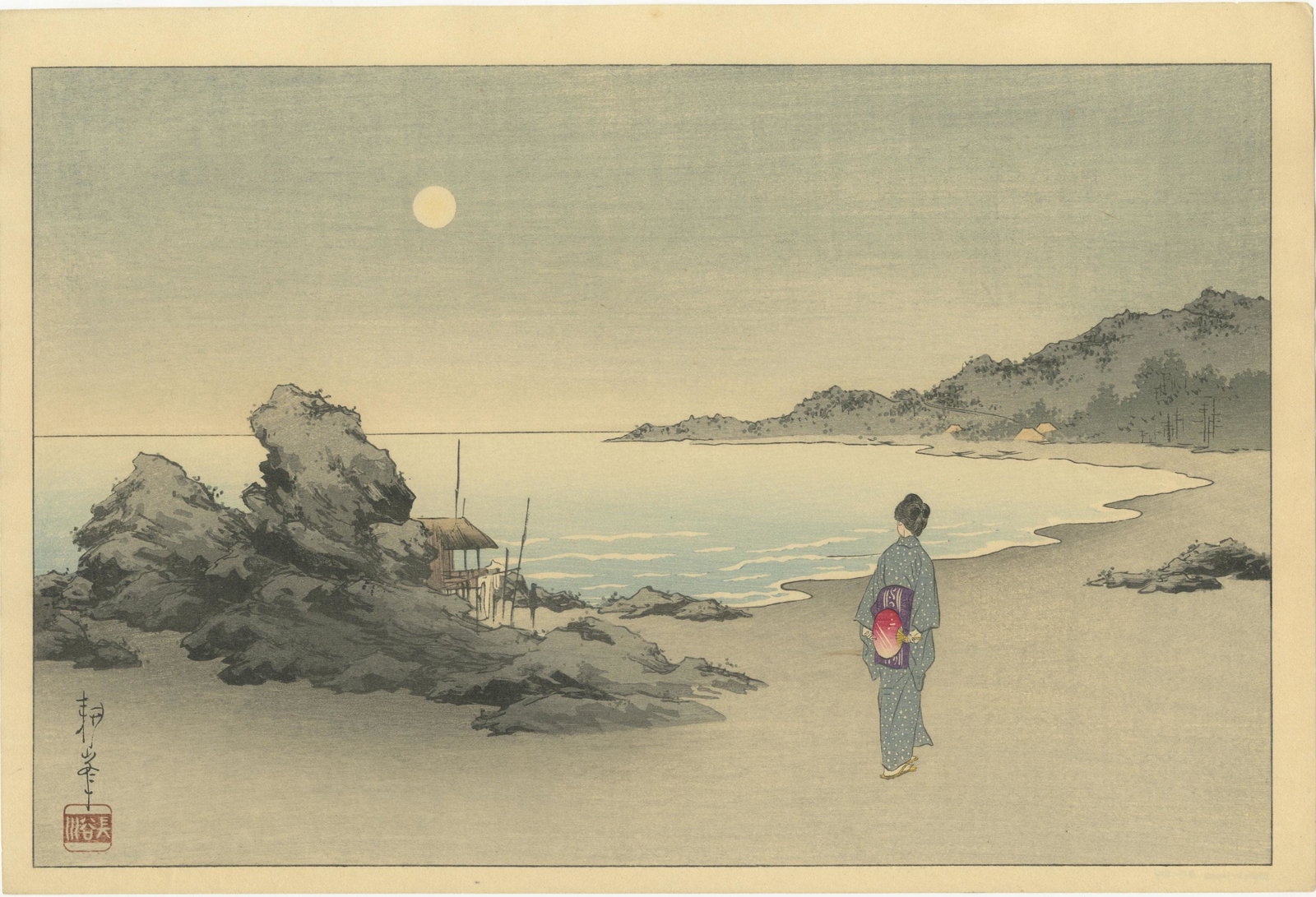 Koho Shoda - Woman on Beach, Moonlight c1910 MULLER: Japanese Woodblock Print, c1910-20, Hasegawa Publisher, light version. SIZE IN INCHES: 15 x 10 PROVENANCE: The William Schwed Family Estate - Lifetime Private Collection. COMMENTS: Skillfully printed 
