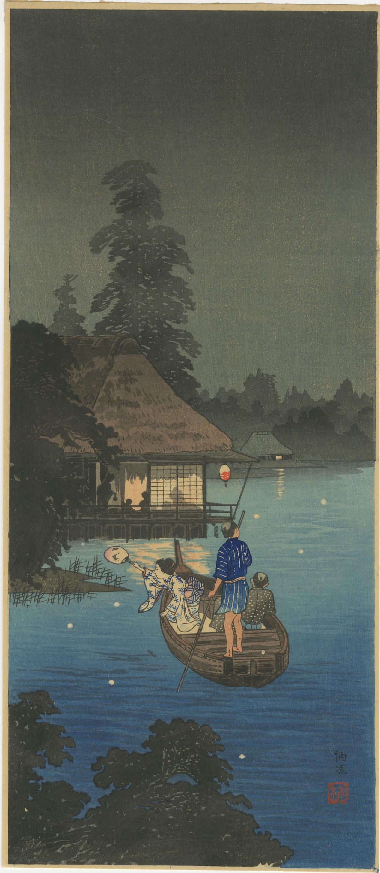 Shotei Takahashi - Hunting Fireflies Cool Breeze 1936: Japanese Woodblock Print, pre-1936, Watanabe Publisher. SIZE IN INCHES: 6.5 x 15 PROVENANCE: The William Schwed Family Estate - Lifetime Private Collection. COMMENTS: Skillfully printed "bokashi" shad