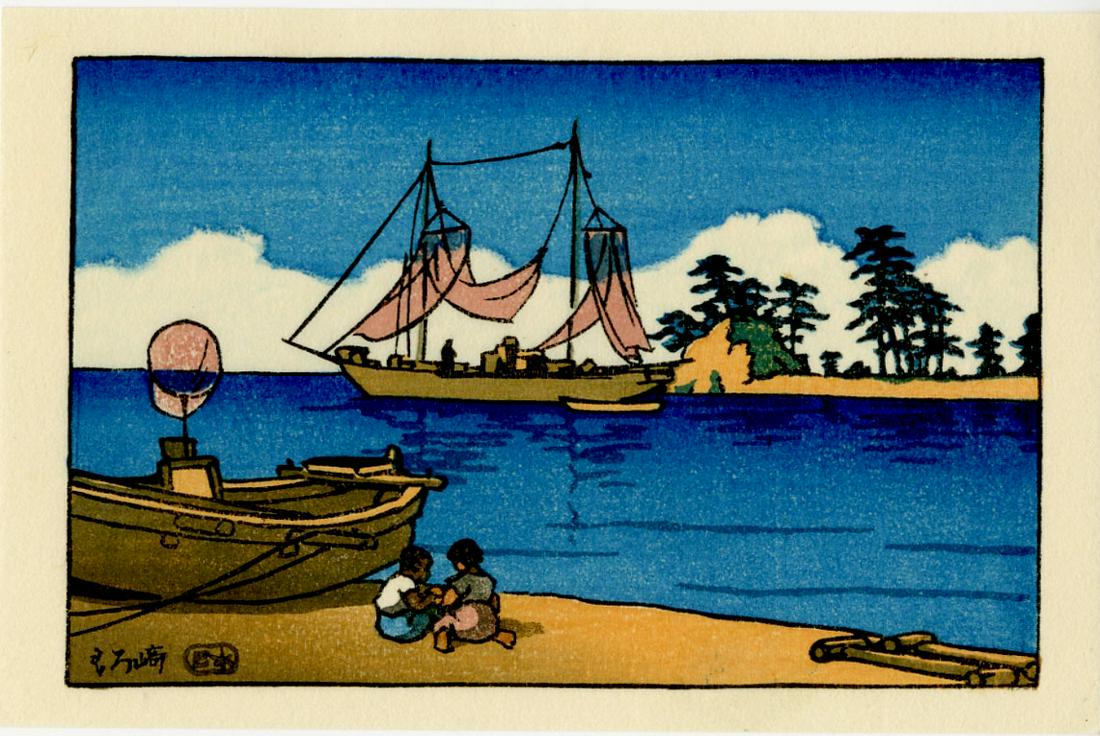 Hasui Kawase: Children Playing 1930s Woodblock: Japanese Woodblock Print, c. 1930s this later printing from the original woodblocks by Watanabe Color Print Co. SIZE IN INCHES: yatsugiri-ban, 6 x 4 inches COMMENTS: The shin hanga publisher Watanabe 