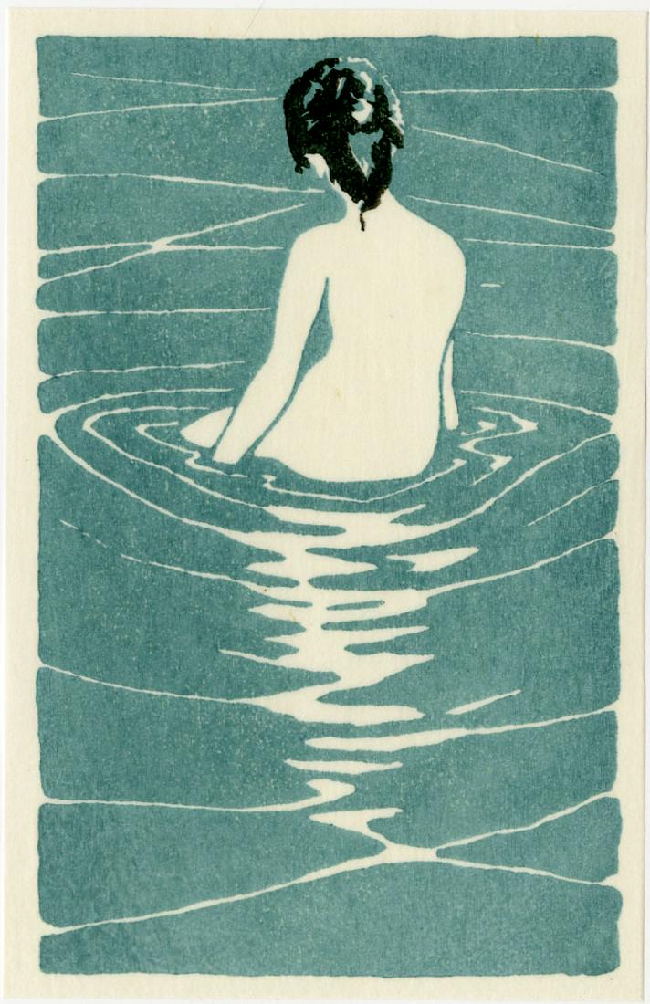 Ichijo Narumi: At the Hot Spring Woodblock: Japanese Woodblock Print, published c. 1930 by Nishinomiya SIZE IN INCHES: 3.75 x 8.75 inches PROVENANCE: From the Robert O. Muller estate HIROSHIGE was born in old Edo (present-day Tokyo) in 1797, du