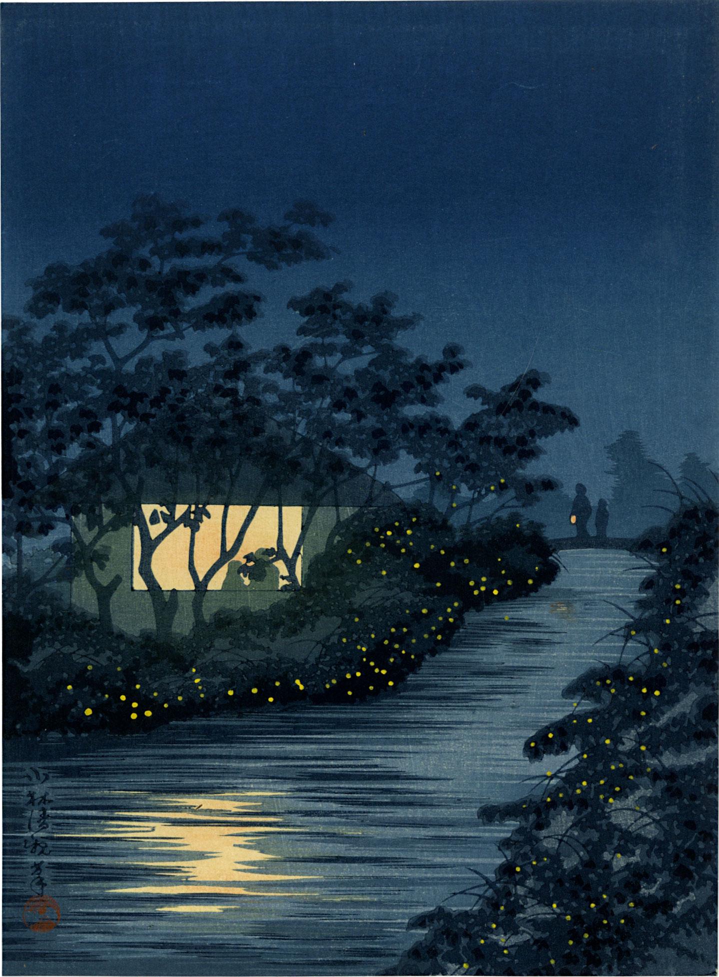 Kiyochika Kobayashi: River of Fireflies 1930s Woodblock: Japanese Woodblock Print, 1930s , published by Shima Art Co SIZE IN INCHES: chuban, 7.5 x 10.25 inches PROVENANCE: From the Robert O. Muller estate. KOBAYASHI KIYOCHIKA (1847-1915) was a Japanese ukiy