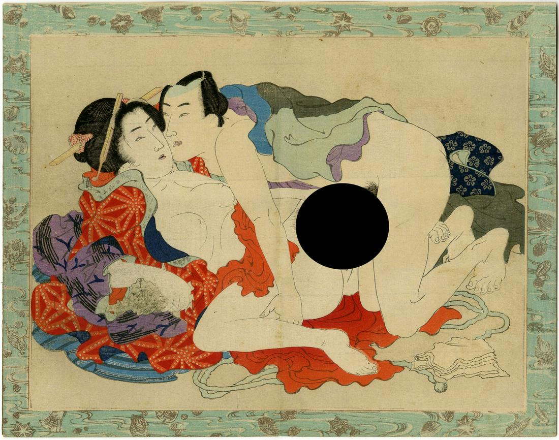 Reclining Shunga Erotic 19th Century Woodblock: Japanese Woodblock Shunga Print, 19th century, deluxe printing with metallic inks SIZE IN INCHES: chuban, 11.25 x 9 inches COMMENTS: Shunga, literally "spring pictures", is an erotic artistic traditio