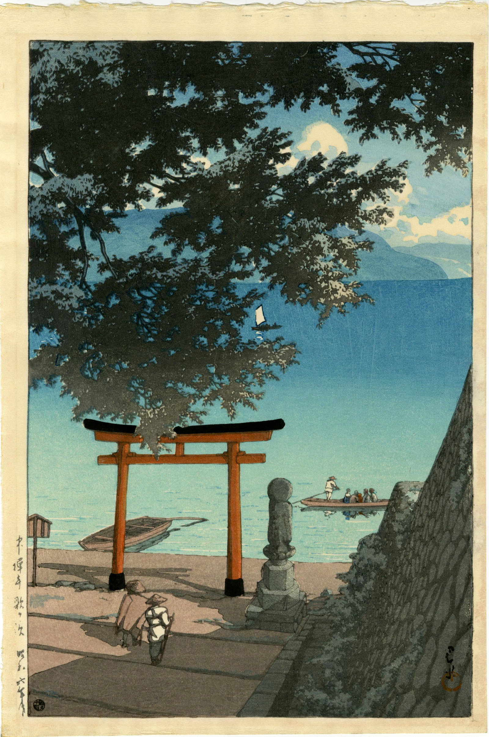 Hasui Kawase: Chuzenji Lake Nikko 1931 Woodblock: Japanese Woodblock Print, 1931, this life time edition with 6mm seal (used 1946-1957), published by Watanabe SIZE IN INCHES: oban, 10.25 x 15.5 inches KAWASE HASUI (1883-1957) was a Japanese woodblock