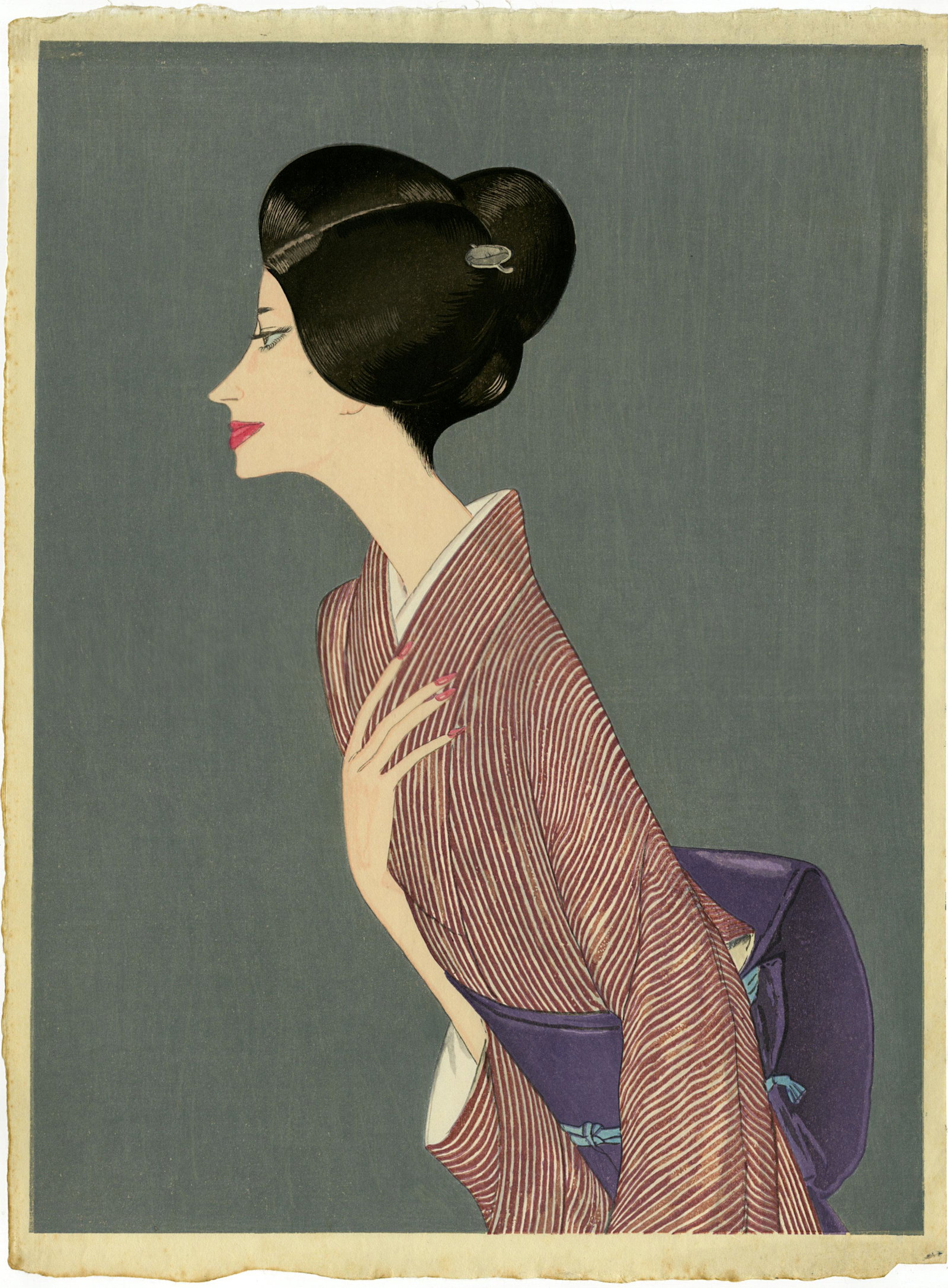 Keiichi Takasawa: A Ginza Madame c.1970 Woodblock: Japanese Woodblock Print, c.1970, published by Dai Nippon Kaigakougei Bijutsu SIZE IN INCHES: dai-oban, 13.75 x 18.75 inches KEIICHI TAKASAWA (1914-1984) was a Japanese artist who at first attended Ni