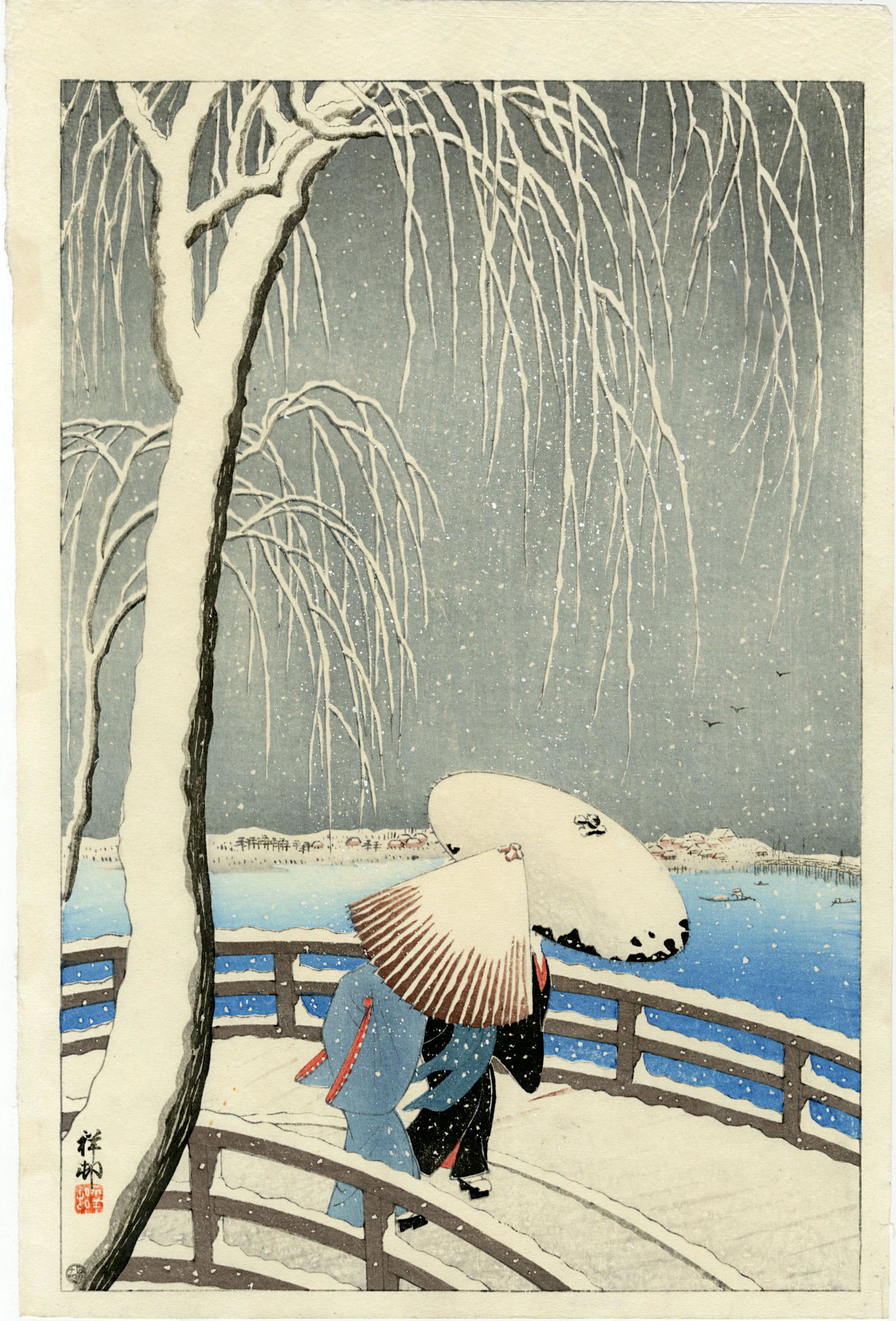 Koson Ohara: Snow on Willow Bridge 1927 Woodblock: Japanese Woodblock Print, 1927, signed and sealed Koson, published by Shozaburo Watanabe with 6mm seal (used 1946-1957) SIZE IN INCHES: oban, 10.3 x 15.5 COMMENTS: Two women with an umbrella cross a b