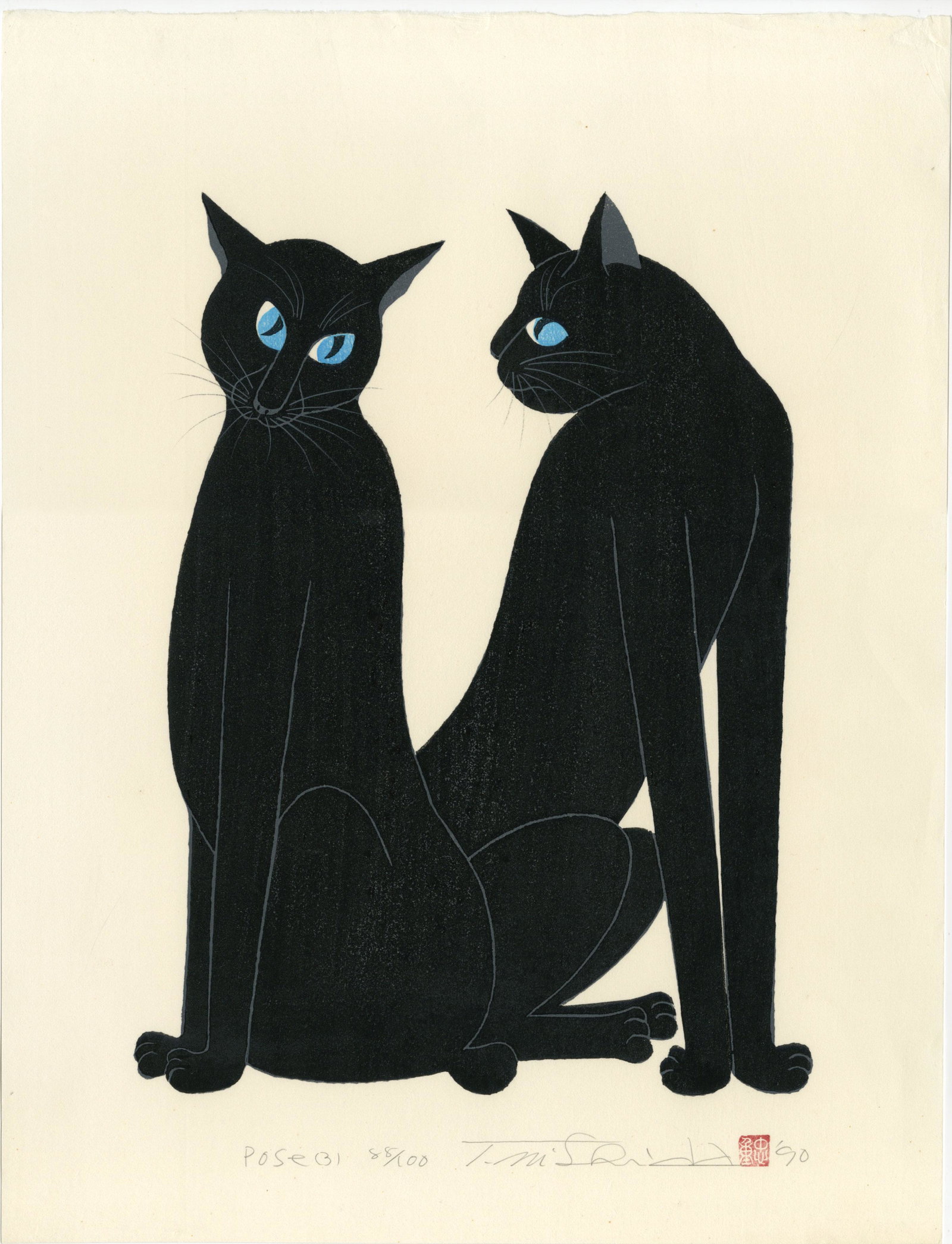Nishida Tadashige: Cat Pose (3) 1990 Woodblock: Japanese Woodblock Print, 1990, 1st edition, pencil signed, dated, titled and numbered 88/100 in the bottom margin, published by Nishida Tadashige SIZE IN INCHES: oban, 14.5 x 19 inches TADASHIGE NISH